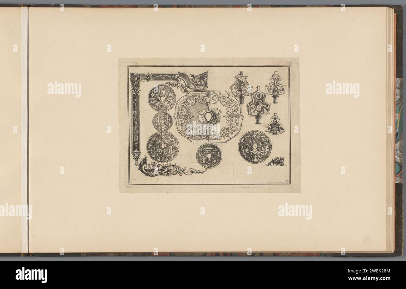 Designs for watch cabinets and a lid of a snuff box, Johann Lorenz Hönnig, 1707 print Black ...