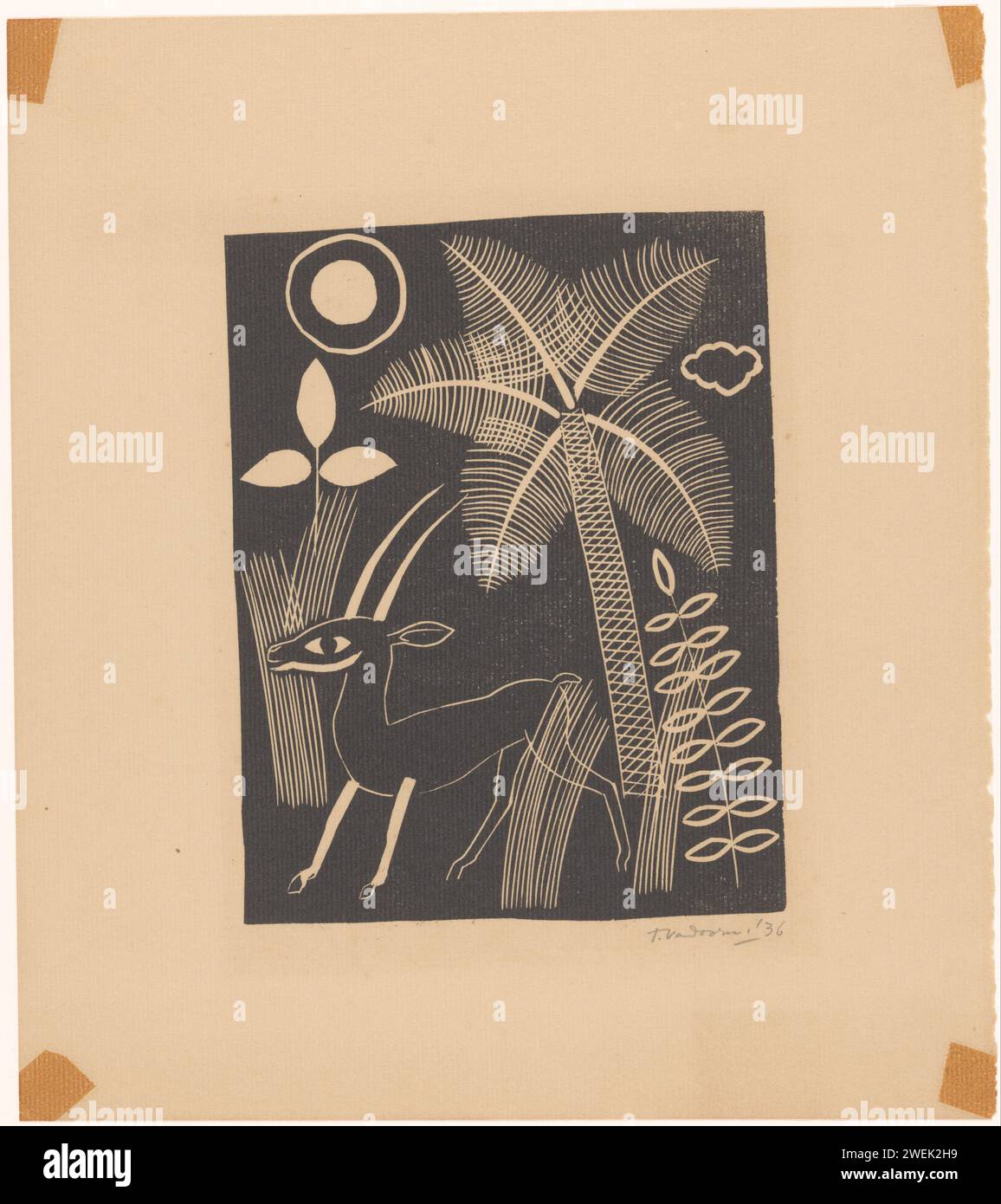 Hert with Palmboom, Tinus van Doorn, 1936 print Composition with a dehy -like animal, a palm tree, grass, leaves and a cloud. At the top left you can see a full moon or a sun.  paper. ink  hoofed animals: deer. trees: palm-tree Stock Photo