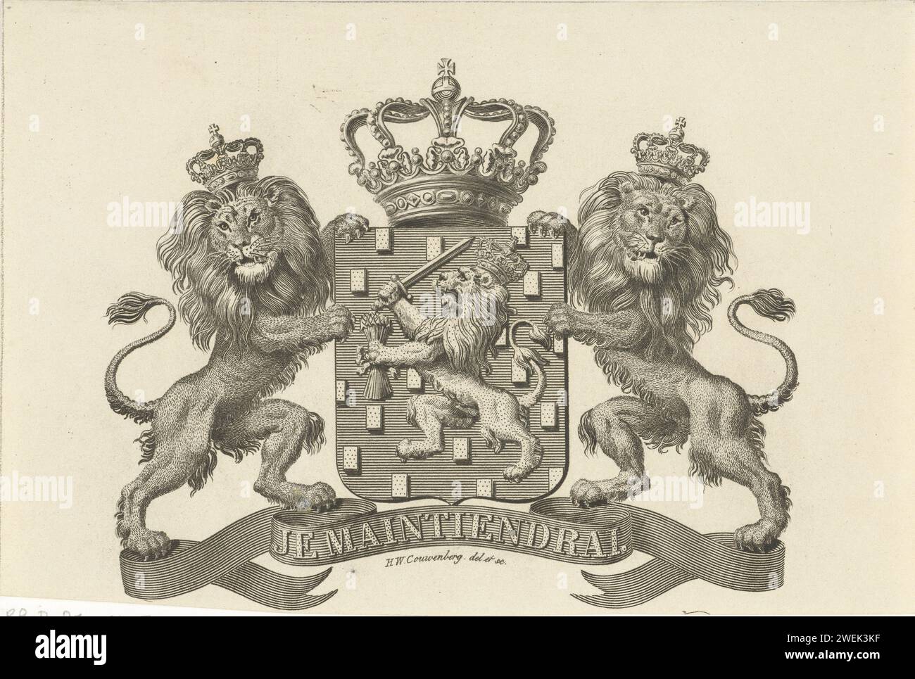 Weapon of the Netherlands with motto: Je Maintiendrai, Henricus Wilhelmus Couwenberg, 1830 - 1845 print   paper etching coat of arms (as symbol of the state, etc.) Stock Photo