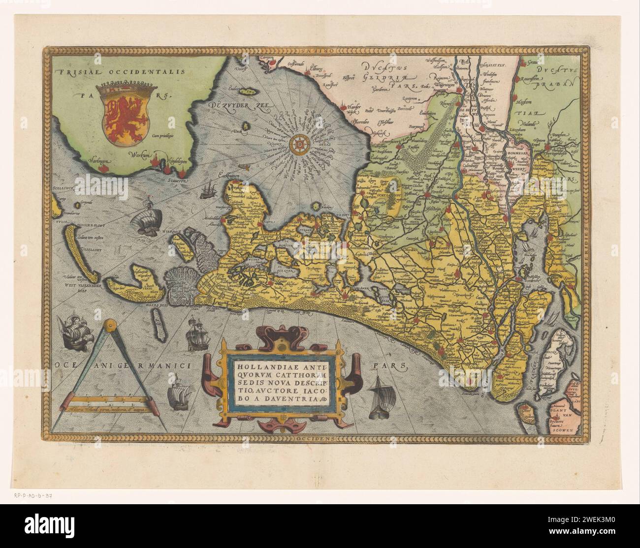 Map of the Graafschap Holland, Frans Hogenberg (Possible), 1592 print At the top left the coat of arms of the Graafschap Holland. At the bottom left a bowl: Miliaria Holland. Parua, Mediocria & Magna. To the right of the scale the title cartouche. Orientation: North left. On Verso Latin text.  paper engraving / letterpress printing maps of separate countries or regions. coat of arms (as symbol of the state, etc.) Holland Stock Photo