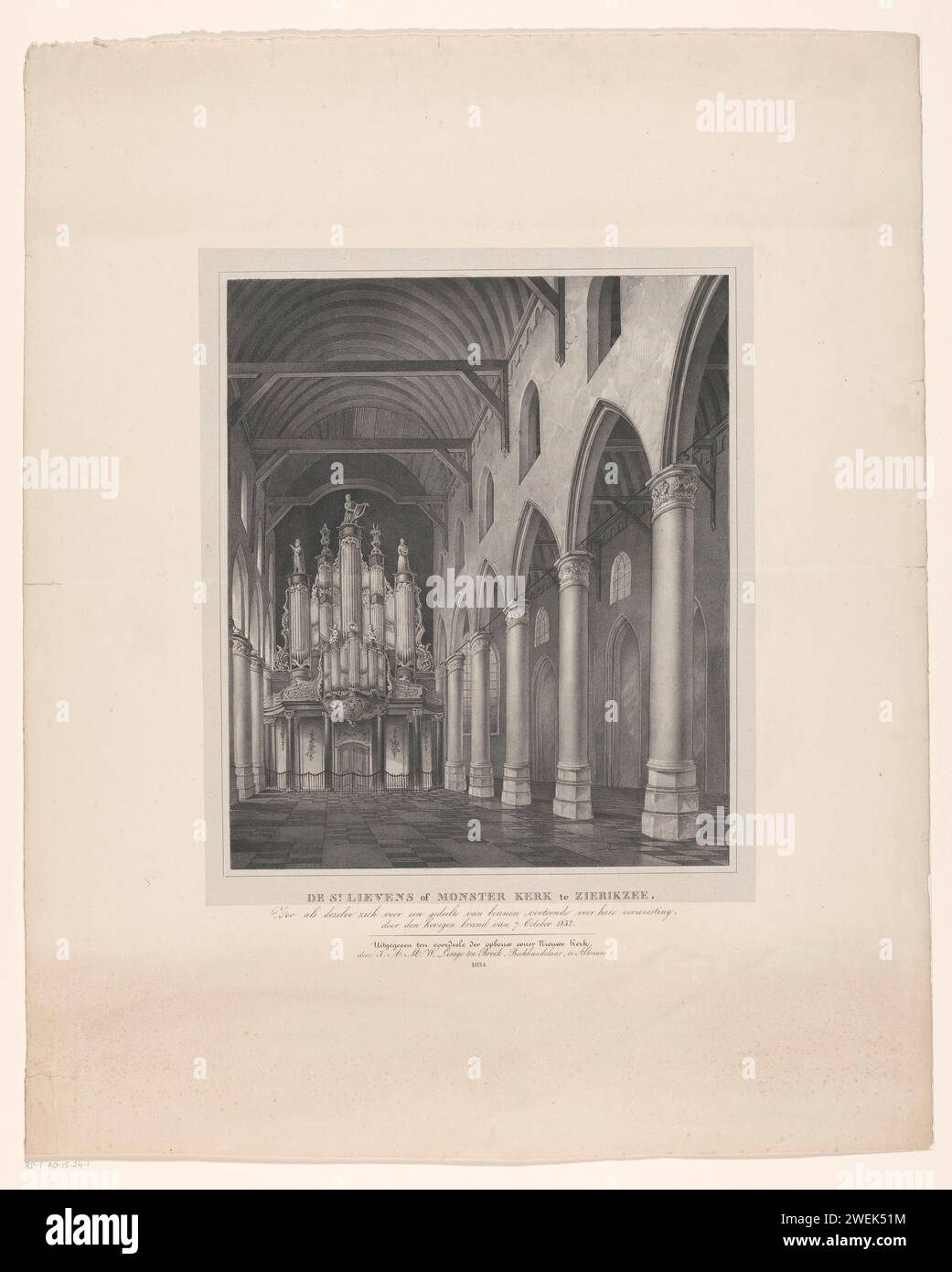 Interior of the Sint-Lievensmonsterkerk in Zierikzee, before the fire of 1832, Anonymous, After Jacob Korsten, 1834 print Interior of the Sint-Lievensmonsterkerk in Zierikzee, in Welstand, before the fire of October 6, 1832. Face from the interior towards the organ. The church has a wooden ceiling. On the right a side aisle, separated from the ship by columns.  paper  parts of church interior. church organ Sint-Lievensmonsterkerk Stock Photo