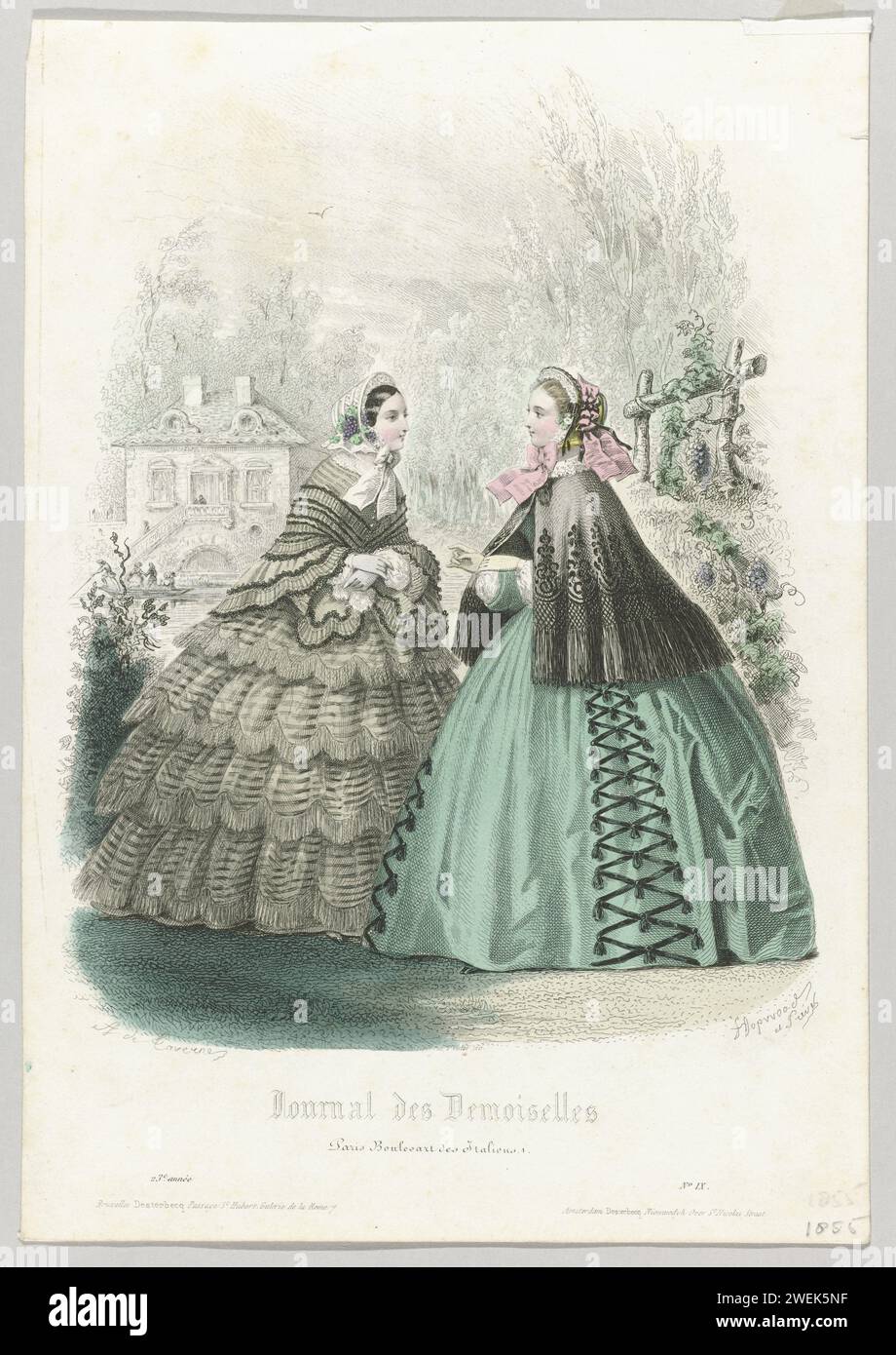 Journal des Demoiselles, 1855, No. 9, 23rd year, 1855  Two women in a landscape; In the background an estate and some people in a boat. Left: Striped dress with wide skirt, wrinkled strips of fabric, scalloped hem and trimmed with fringes. Decorated a hat on the head with grape bunches. Handkerchief in hand. Right: short black cape with curly motif and trimmed with fringes. Green dress with wide skirt decorated with tire and tassels. Poffing submerged. Decorated a hat on the head with pink ribbon. Print from the fashion magazine Journal des Demoiselles (1833 -1922).  paper steel engraving fash Stock Photo