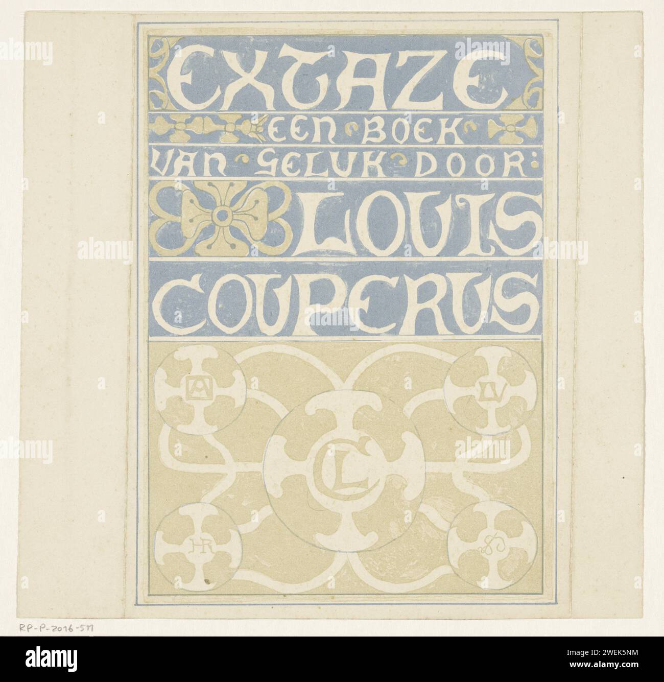 Band design for: Louis Couperus, Extaze: a book of happiness, 1894, Richard Nicolaüs Roland Holst, in Or Before 1894 print Decorative lettering decorated with floral motifs. At the bottom of four circles including the monograms of Louis Couperus and Richard Roland Holst.  paper  flowers ~ ornament. ornament ~ circle and derived from circle, e.g.: guilloche Stock Photo