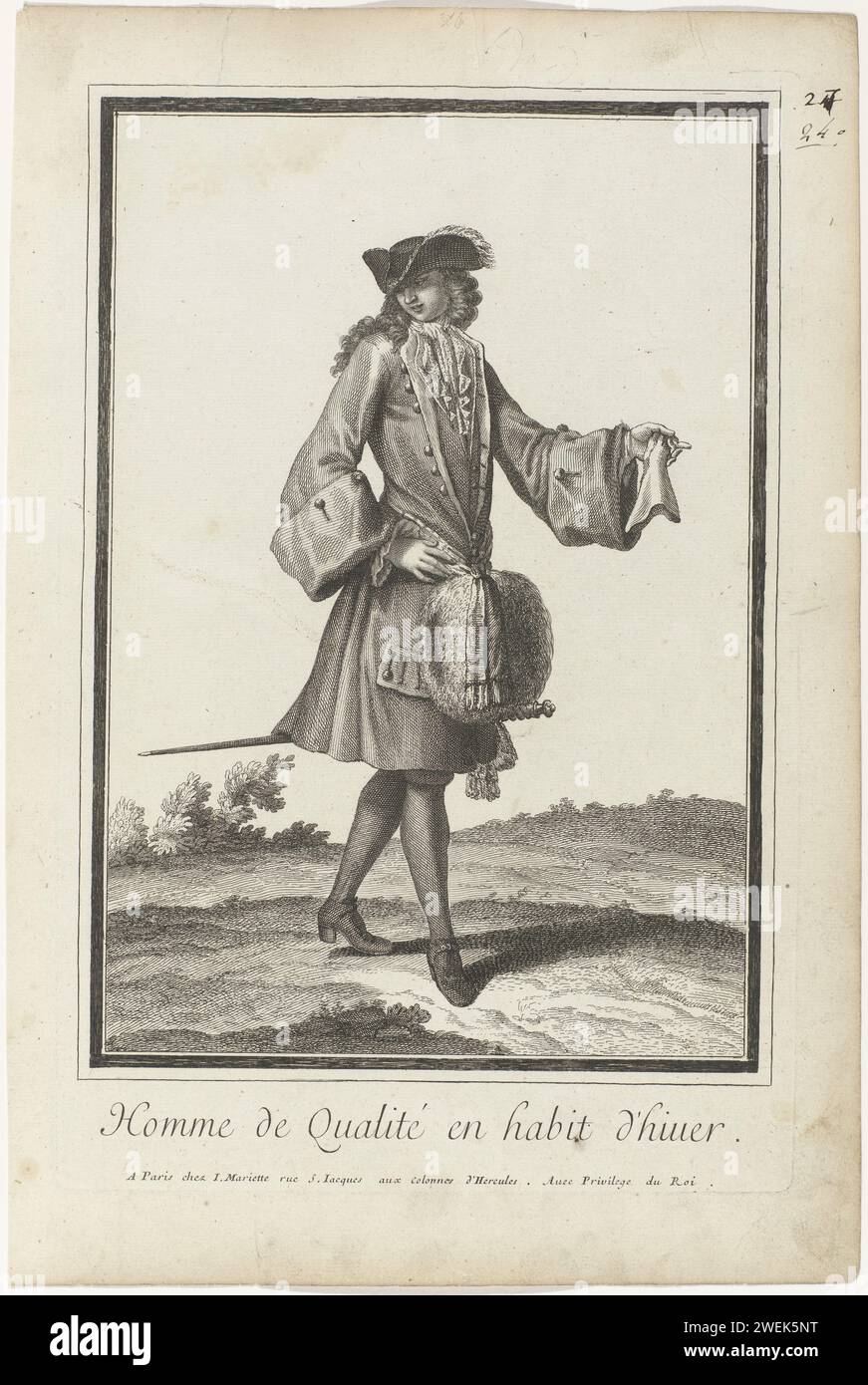 Quality man in winter clothing, 1696 - 1697 print An elegant young man, dressed in a Justaucorps with wide covers, cardigan with Cravate and knee pants, rolling stockings and shoes with buckles and heels. On his long curled hair a triple stitch. Around the drug a tough band with a large sleeve of fur, a glove in the left hand. Accessories: (ornamental) Degen (?) On the left. The print is part of a series of 25 costume prints, published by J.Mariette, Paris, between 1696-1708.  paper engraving fashion plates. coat (JUSTAUCORPS) (+ men's clothes). neck-gear  clothing (CRAVAT) (+ men's clothes). Stock Photo