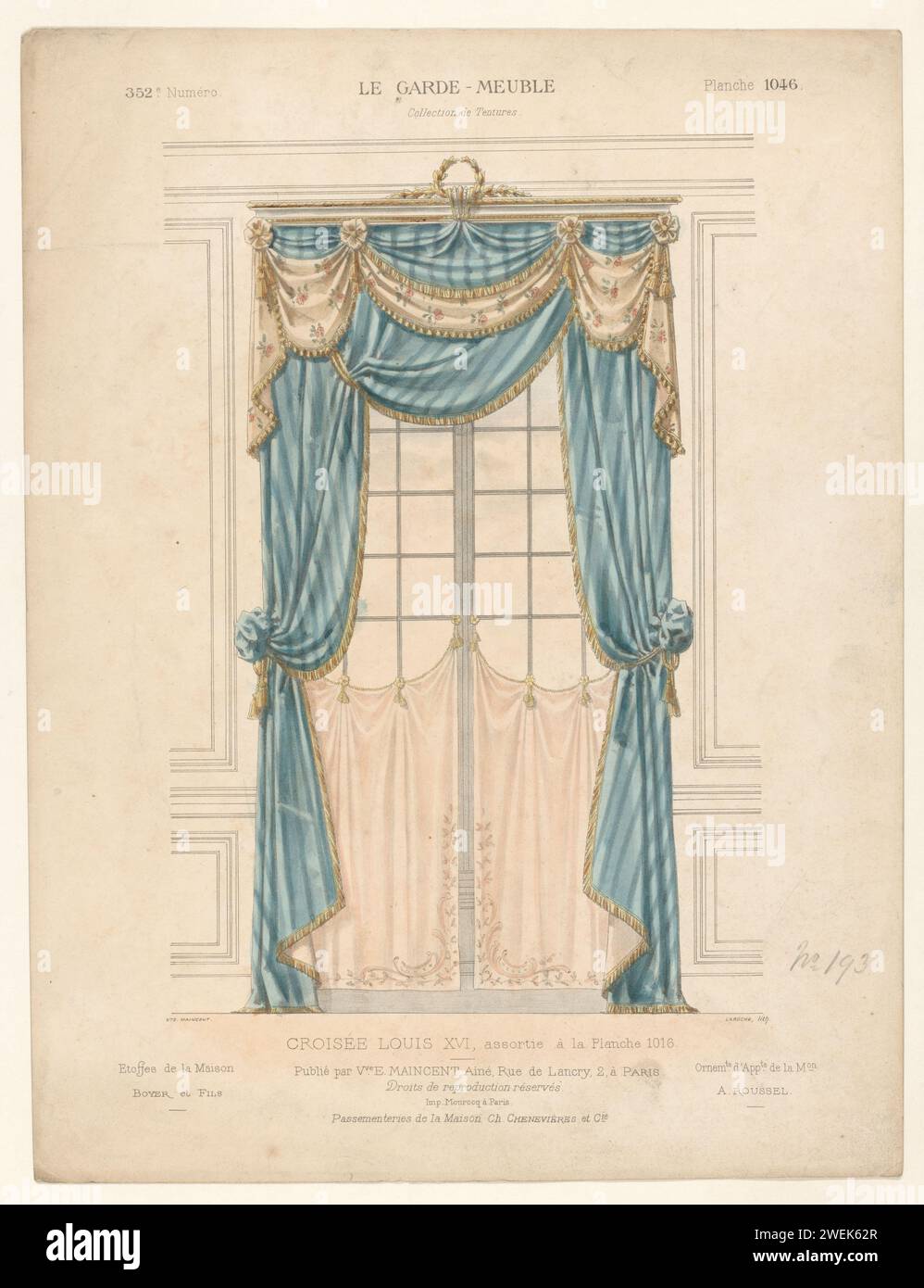 Window with curtains, Léon Laroche, after widow Eugène MAINCEN, 1895 - c. 1910 print Cross window with draped curtains in the Louis XVI style, appropriate for Serienr. 1016. Print from 352nd Livraison.  paper  hangings and drapery. window Stock Photo