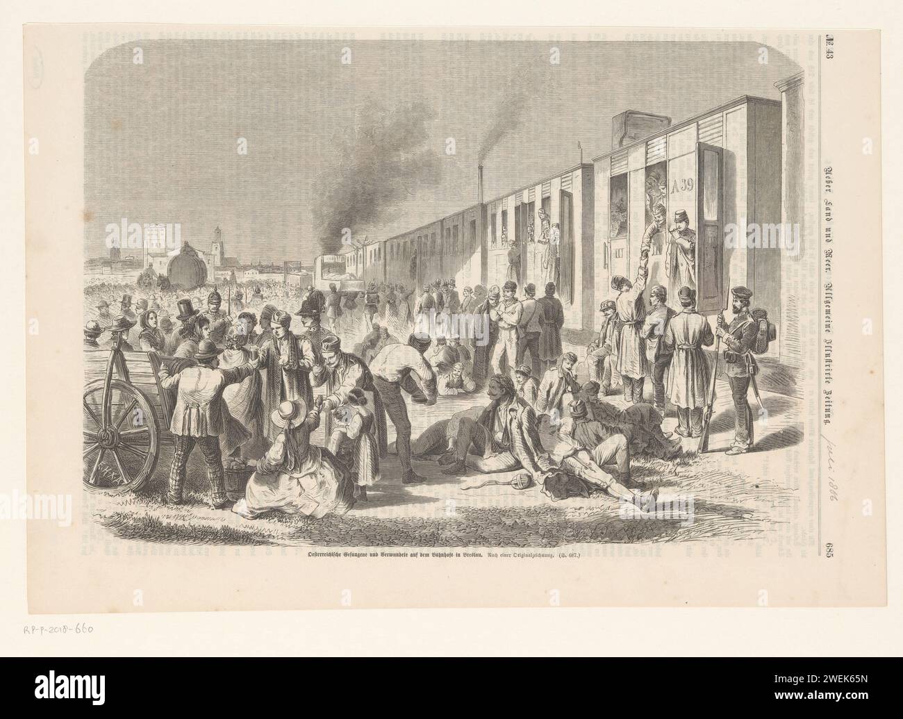 Austrian prisoners of war in Breslau, 1866, Anonymous, 1866 print Austrian prisoners of war and injured at the Breslau train station. Scene from the Austrian-Prussian War of 1866.  paper  prisoner of war (after the battle). transport of the sick, wounded and dead (military). station; shelter (railway, tramway) Breslau Stock Photo