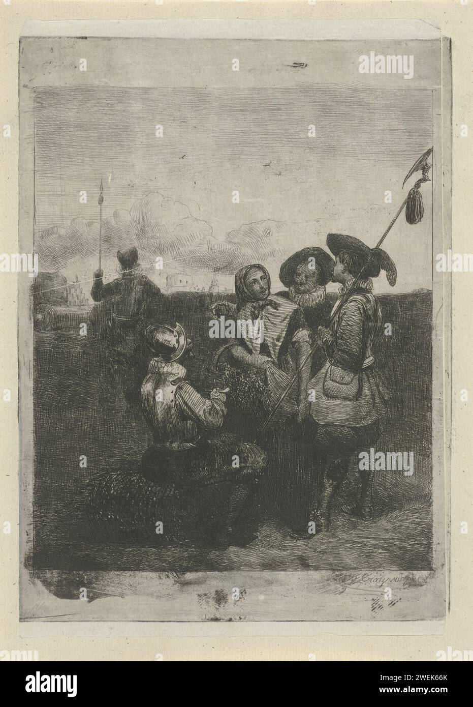 Soldiers with a young girl, Reinier Craeyvanger, 1822 - 1880 print On ...