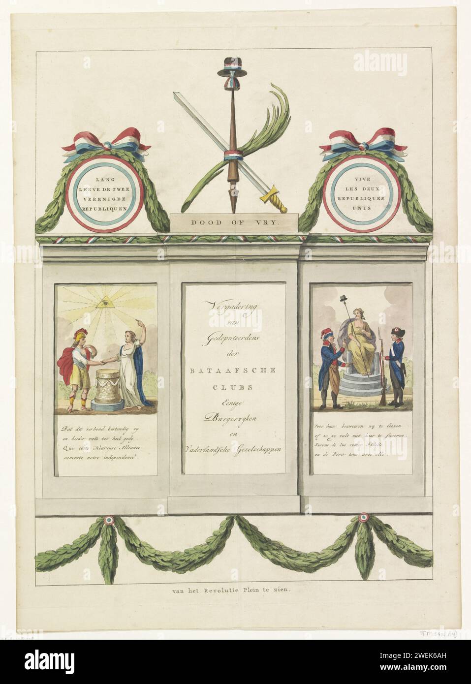 Decoration in the Beurssteeg, 1795, 1795 print Decoration in the Beurssteeg, seen from the Dam, 1795. Founded by a meeting of deputies from the Batavian clubs, civil neighborhoods and national companies in Amsterdam at the Alliantiegeest on June 19, 1795. On the two chassinets allegories of the covenant and freedom, Each with a four -line verse.  paper etching festivities on events of national importance (+ festive decoration  festive activities). Freedom, Liberty; 'LibertÃ ' (Ripa) (+ abstract concept represented by female figure). alliance, league, union, foedus Amsterdam. Beurssteeg Stock Photo