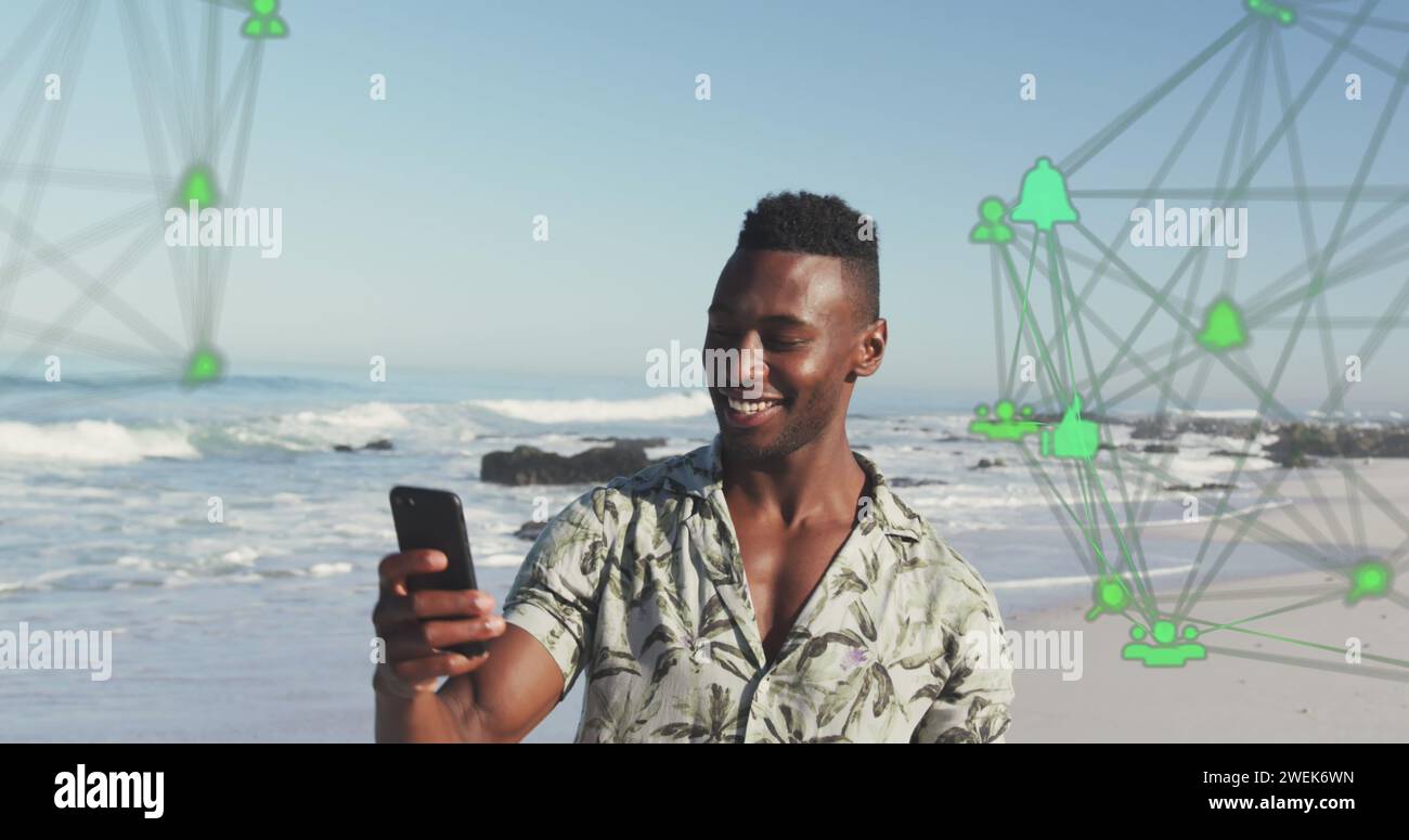 Image of spinning networks with social media digital icons over man ...