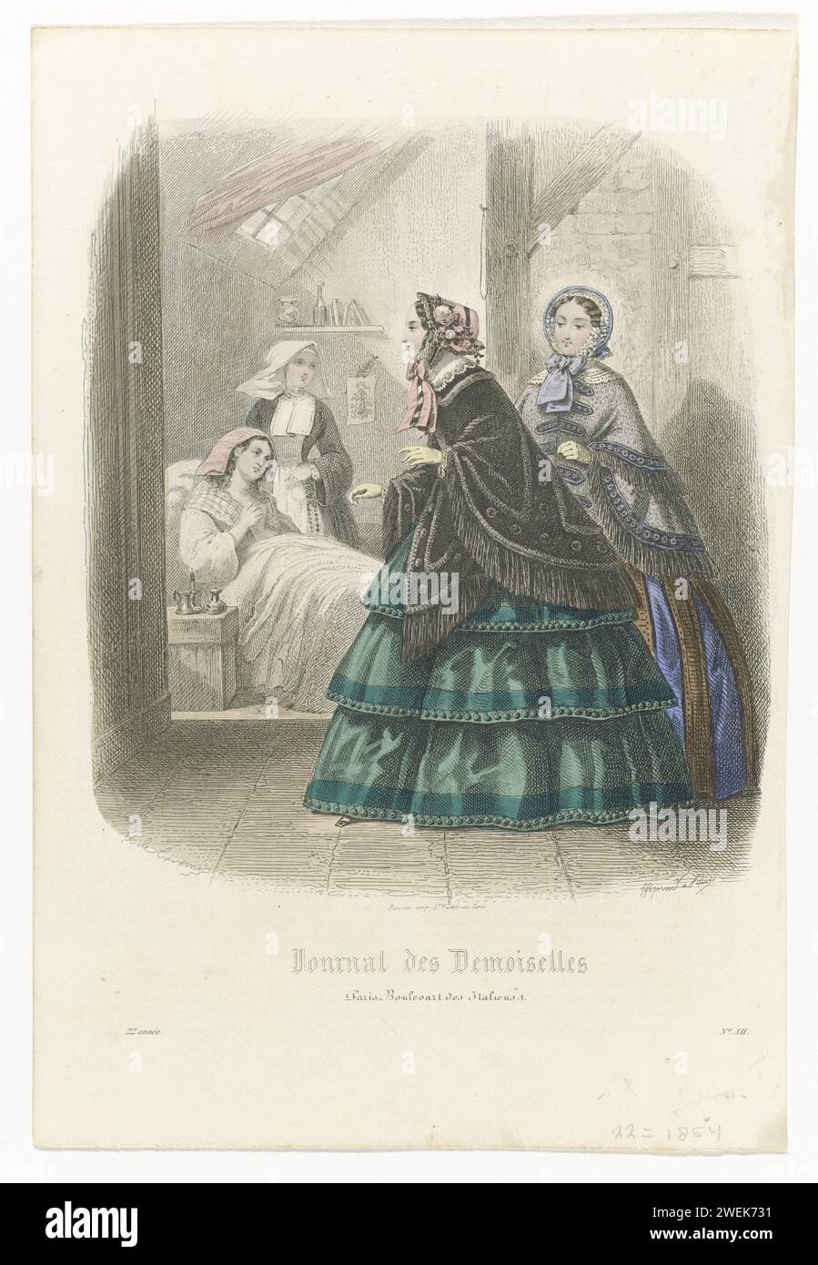 Journal des Demoiselles, 1854, No. 12, 22nd year, 1854  Two well -to -do women go on a visit to a poor woman. In the background a woman in bed and a nun. Print from the fashion magazine Journal des Demoiselles (1833 -1922).  paper engraving fashion plates. gloves, mittens, etc. (+ women's clothes). head-gear: hat (+ women's clothes). skirt (+ women's clothes). coat (+ women's clothes). nun(s). interior of the house. one person praying Stock Photo