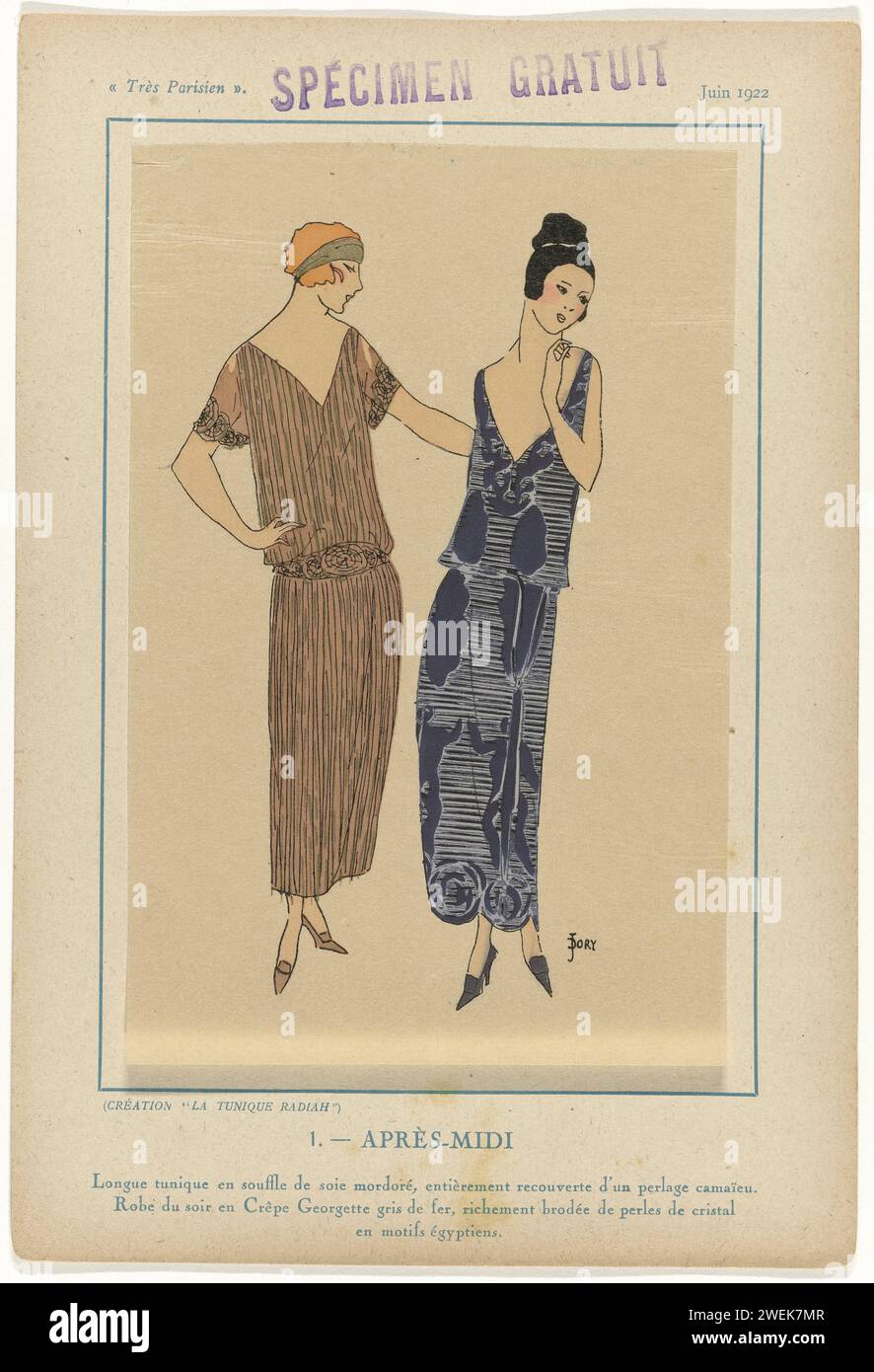 Very Parisian, June 1922: 1 (free specimen) - afternoon, J. Dory, 1922  Creations from 'La Tunique Radiah': Long tunic of silk; Evening Japon of Gray Crêpe Georgette, embroidered with Egyptian motifs. Print from the fashion magazine Très Parisien (1920-1936).  paper brush / letterpress printing fashion plates. dress, gown (TUNIC) (+ women's clothes). diadem, tiara (+ women's clothes). dress, gown: evening dress (+ women's clothes). embroidery (ornamentation) (+ women's clothes) Stock Photo