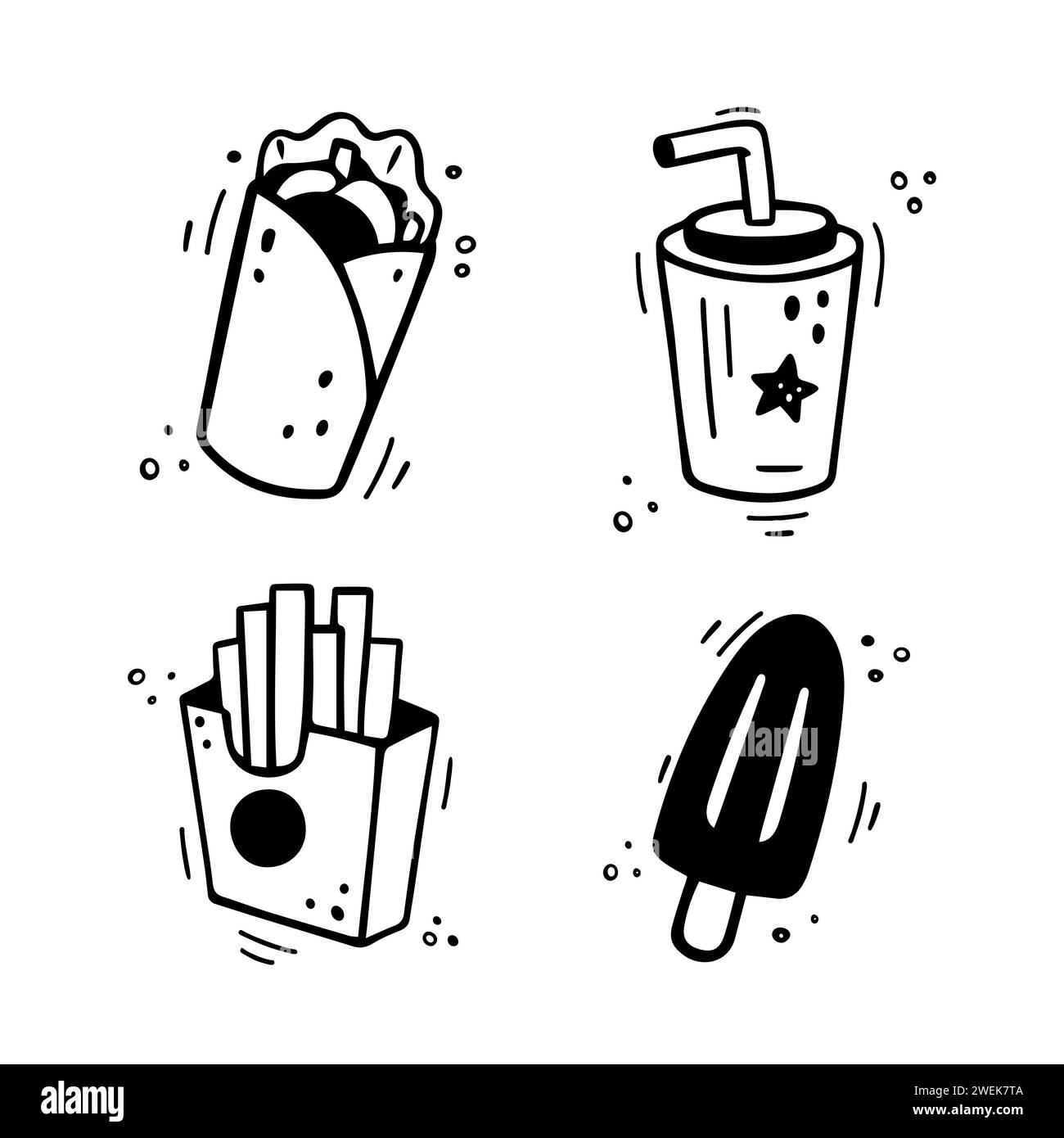 Fast food icons set - Shawarma, Burrito, French fries, Paper cup with drink, Ice cream. Hand drawn fast food combo. Comic doodle style. Colorful snacks drawn with felt tip pen. Vector illustration Stock Vector