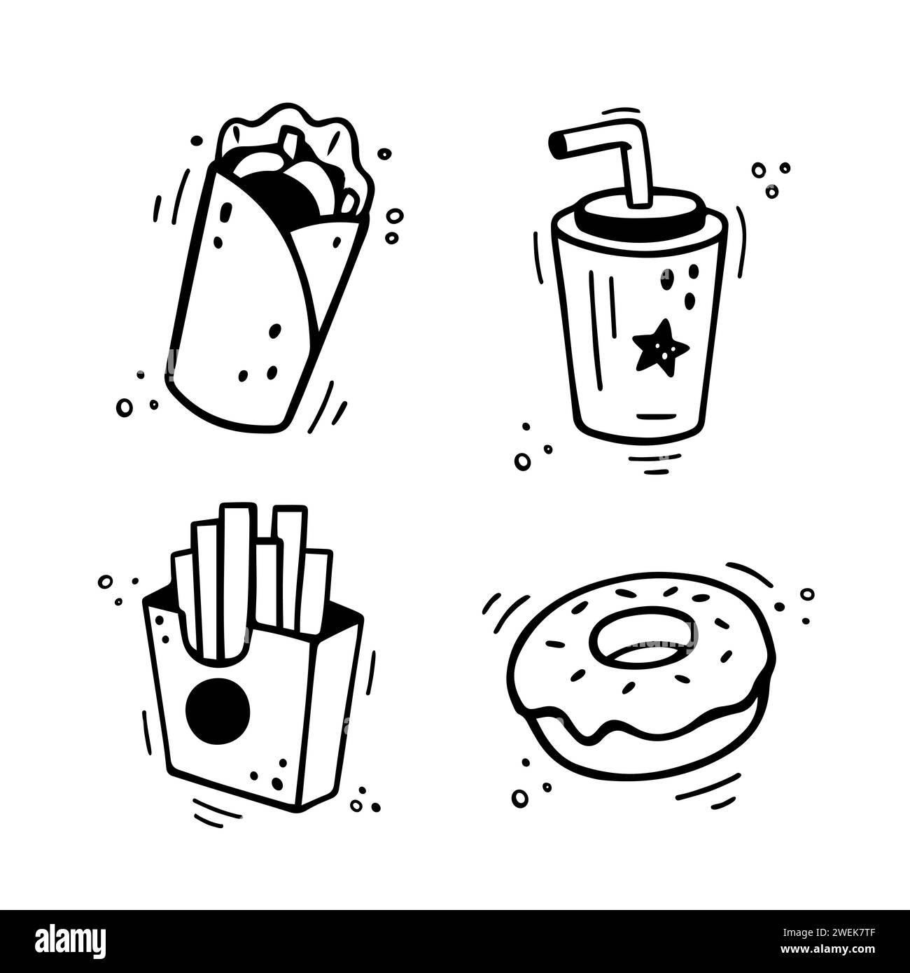 Fast food icons set - shawarma, burrito, French fries, paper cup with drink, donut. Hand drawn fast food combo. Comic doodle style. Colorful snacks drawn with felt tip pen. Vector illustration Stock Vector