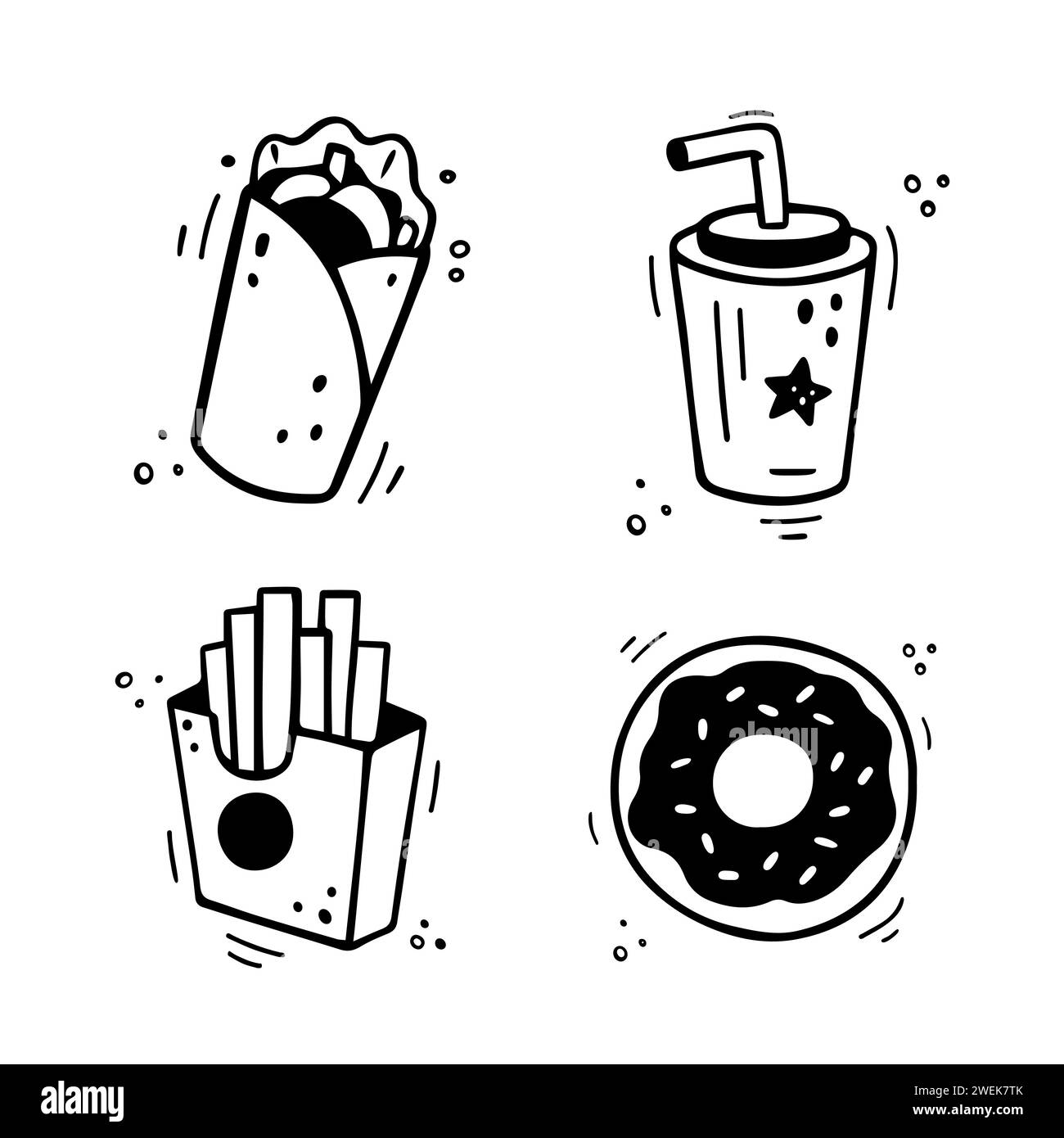Fast food icons set - shawarma, burrito, French fries, paper cup with drink, donut. Hand drawn fast food combo. Comic doodle style. Colorful snacks drawn with felt tip pen. Vector illustration Stock Vector