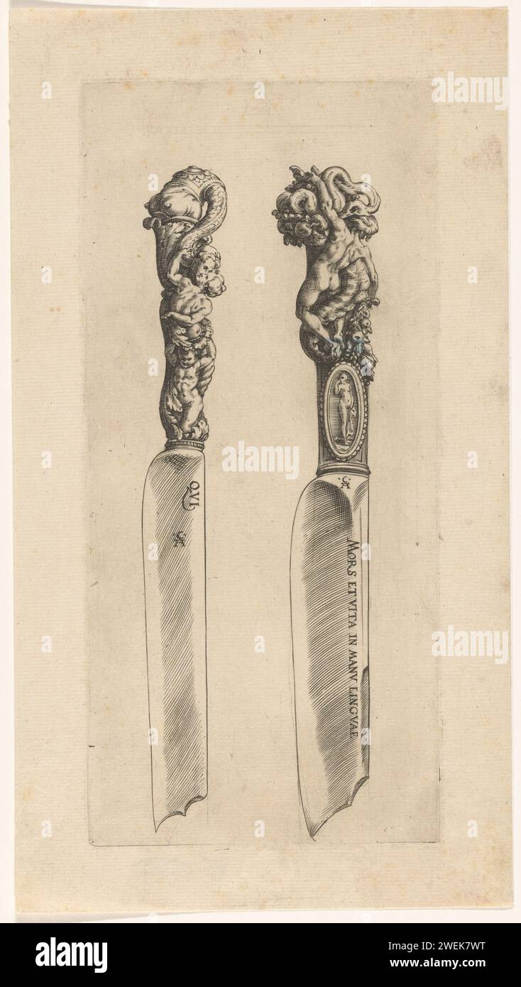 Twee Messen, Francesco Salviati, 1583 print The lifting of the left knife is decorated with a woman and a child. The knife is crowned by the bust of a female being with a long scaly neck. This being bends down and kisses the woman under her. The handle of the right knife is crowned by a man, seen on the back, hanging on a horn of abundance. A snake comes from the horn.  paper engraving ornaments  art. tools, aids, implements  crafts and industries: knife. 'Cornucopia', Horn of Plenty. snakes Stock Photo