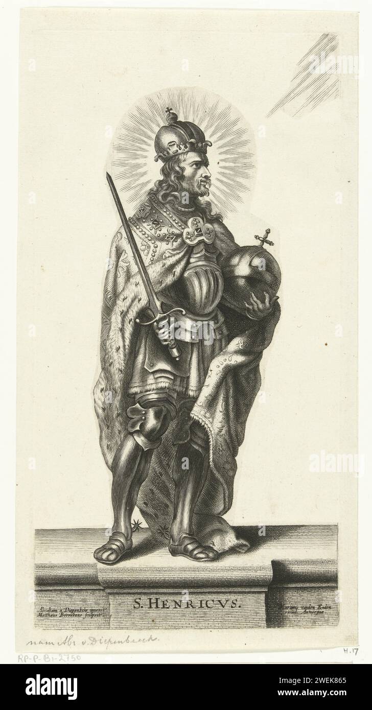 Holy Hendrik van Germany, Mattheus Borrekens, After Abraham van Diepenbeeck, 1644 print The Holy King Henry II of Germany and Emperor of the Holy Roman Empire. Hendrik is wearing armor and his emperor mantle. He also carries the Keizerskroon. In his left hand he holds the globe (with cross), sign of his role as emperor. In his right hand he has a sword, symbol of his secular authority. He has a halo around his head and looks at the top right corner of the print, where light rays are shown.  paper engraving the Holy Roman emperor Henry II of Bamberg; possible attributes: crown, lily, model of c Stock Photo
