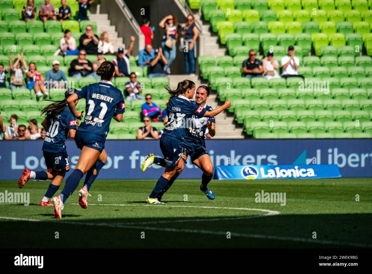 Melbourne, Australia. 26 January, 2024. Melbourne Victory FC Midfielder Rachel Lowe (#23) celebrates scoring a penalty against Sydney FC to level the score 1-1 during the Liberty A-League Women’s match between Melbourne Victory FC and Sydney FC at AAMI Park in Melbourne, Australia. Credit: James Forrester/Alamy Live News Stock Photo