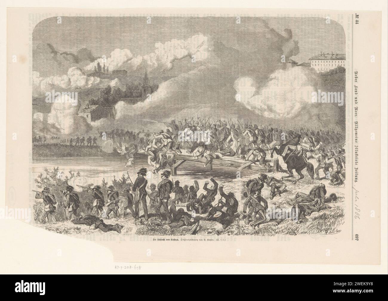 Battle of Custoza, 1866, Anonymous, After Vinzenz Katzler, 1866 print Battle of Custoza, 24 June 1866, between Italian and Austrian troops. Scene from the third Italian war of independence, part of the Austrian-Prussian War of 1866.  paper  battle (+ land forces) Custody Stock Photo