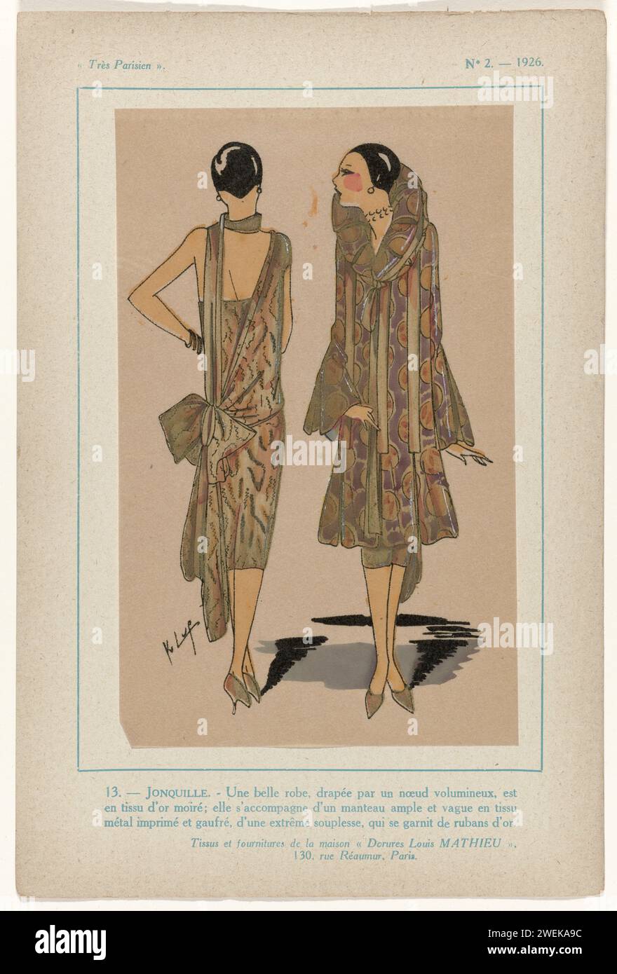 Very Parisian, 1926, No. 2, pl. 13.- Jonquille, 1926  Evening Japon with a big bow on the back, with matching cloak. Fabric and haberdashery from 'Dorures Louis Mathieu. Paris. Print from the fashion magazine Très Parisien ... La Mode, Le Chic, L'élégance (1920-1936)  paper letterpress printing fashion plates. dress, gown: evening dress (+ women's clothes). coat (EVENING COAT) (+ women's clothes). bow (ornamental part of clothing) (+ women's clothes). ear-rings (+ women's clothes) Stock Photo