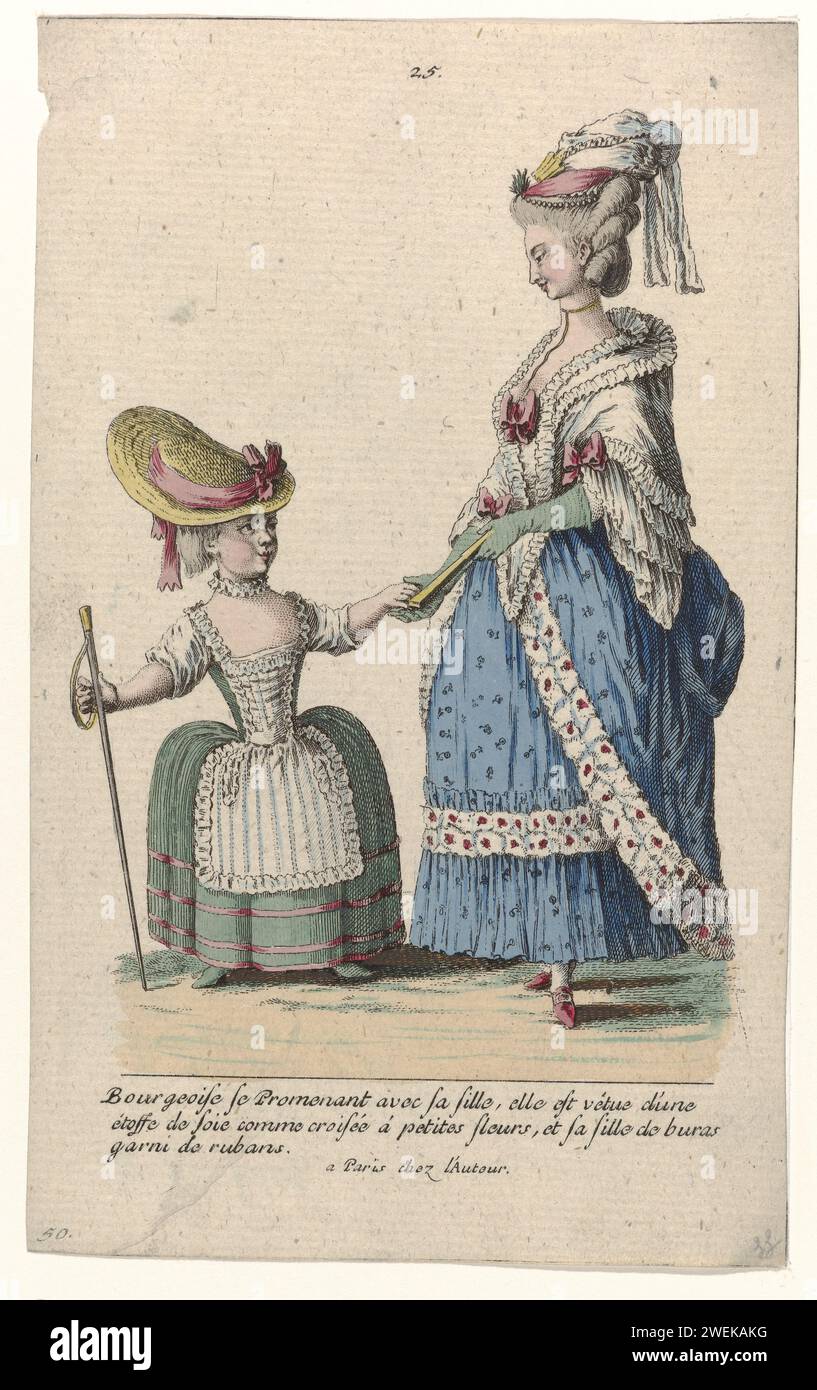 Gallerie of French modes and costumes, 1785, nr. 25, nr. 50, Kopie Naar H 45: Bourgeois walking with his Fill (...), c. 1785  Burgerwoman, walking with her daughter by hand. She wears a small shoulder mantle decorated with bows on a blow of silk with floral pattern. Accessories: hat with slippery, a cord or ribbon, long gloves, fan, shoes with buckles. The girl wears a dress with square neck, the skirt decorated with ribbons. Striped decorative apron. Accessories: hat decorated with ribbon, a wrinkled ribbon around the neck (collerette), walking stick with ribbon and shoes. Copy to H 45 from S Stock Photo