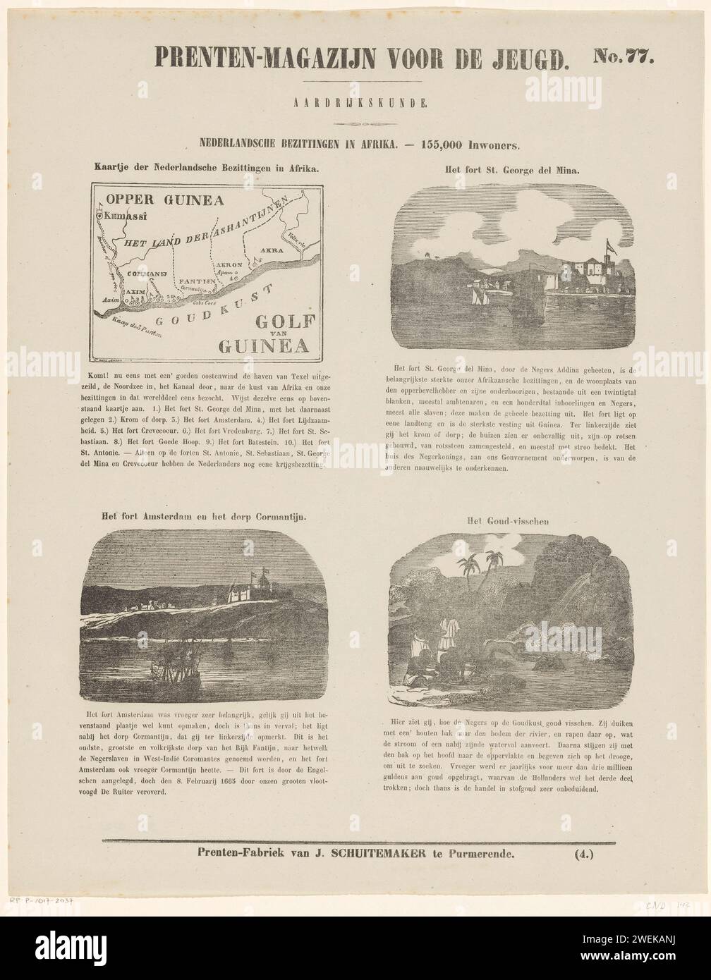 Dutch possessions in Africa. - 155,000 inhabitants, Jan Schuitemaker, Johannes George Frans van Arum, 1850 print Leaf with 4 performances of Dutch assets in Africa. A map and performances of important buildings, such as the Fort St. Jorge del Mina and the Fort Amsterdam. Above each performance a title and a four -line verse below each show. Numbered at the top right: No. 77, numbered below: (4.).  paper letterpress printing ford. (map of) Africa. maps, atlases. colonial system Fort Elmina. Fort Amsterdam. Elmina. Fort Elmina. Ghana. Goudkust. Afrika Stock Photo