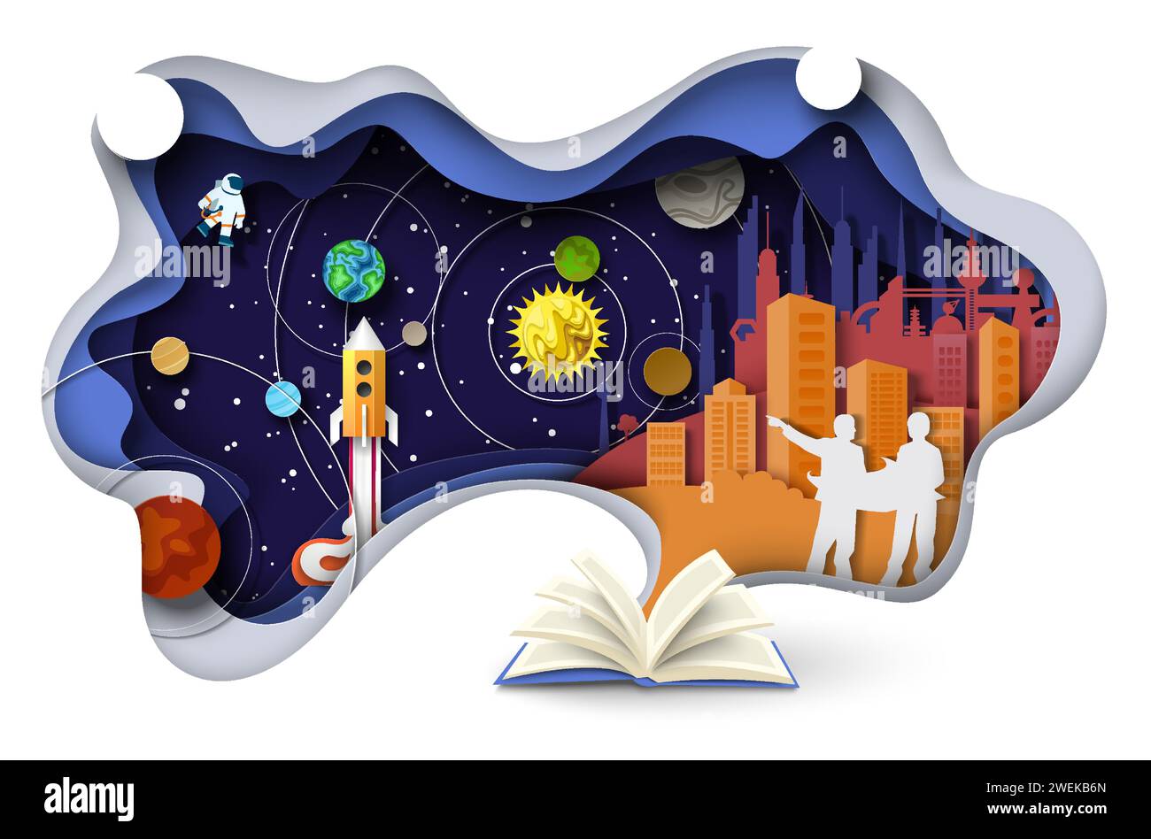 Fantastic book about scientific discoveries space exploration Stock Vector