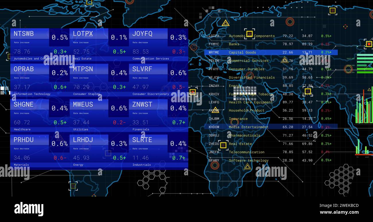 Image of financial data processing over screens and world map Stock ...