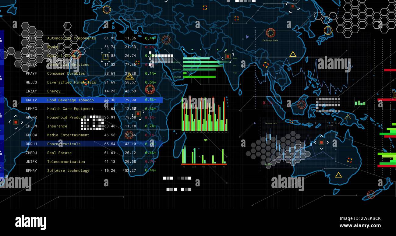 Image of financial data processing over screens and world map Stock ...
