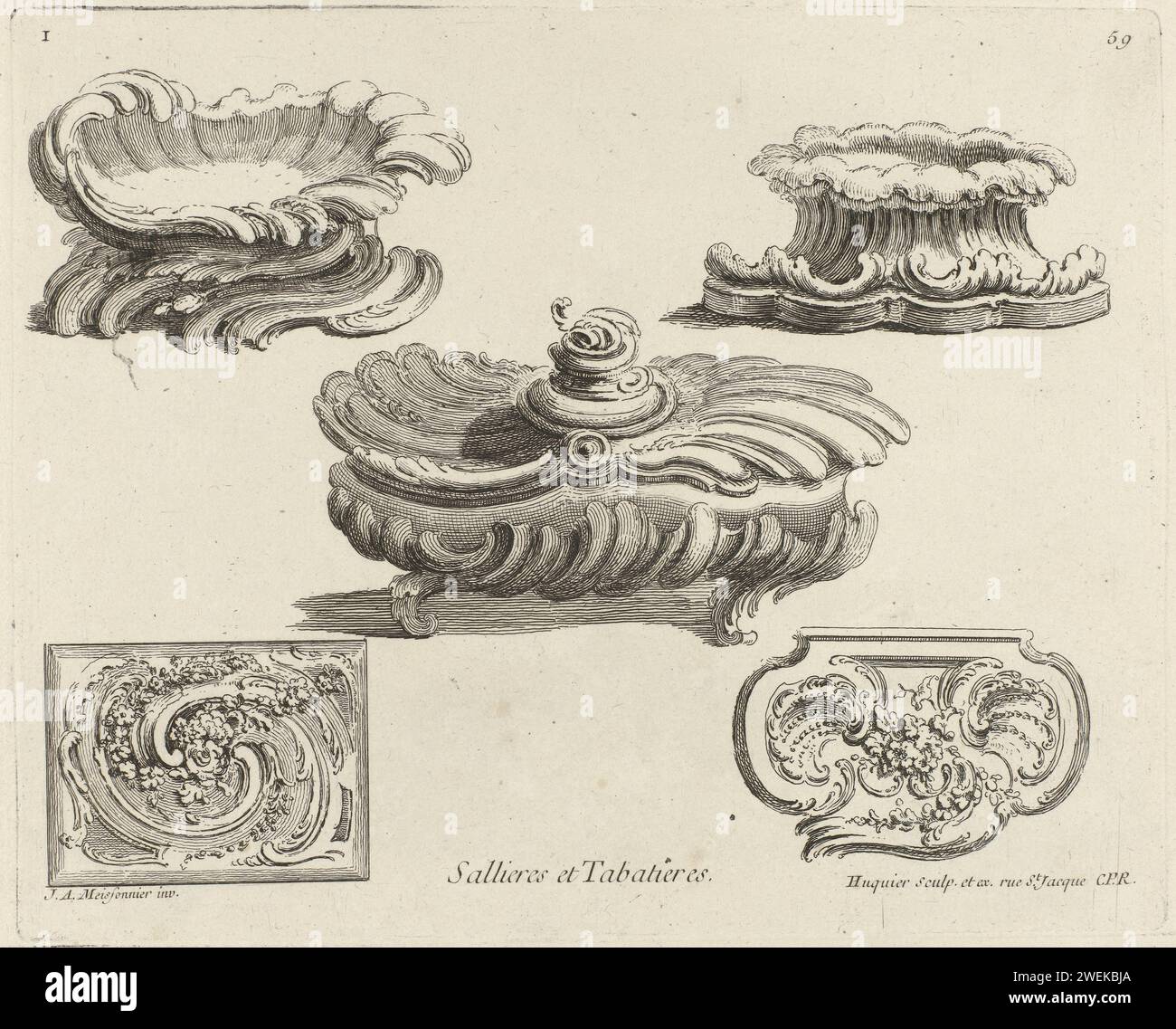 Designs for three salt vessels and two snuff boxes, Gabriel Huquier, Juste Aurèle Meissonnier ...