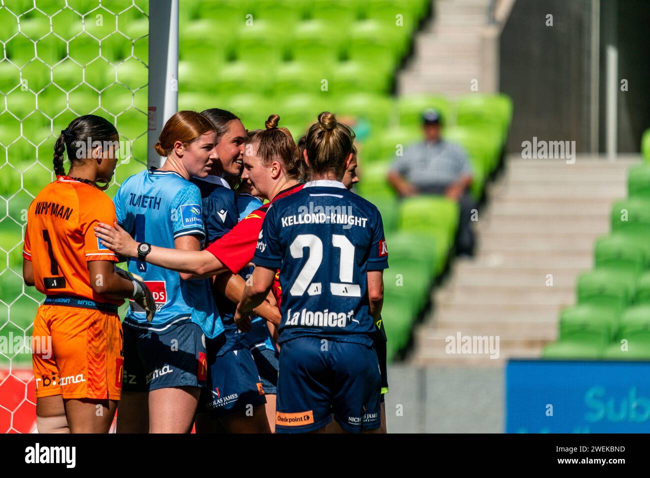 Melbourne, Australia. 26 January, 2024. Match Referee Izzy Blaess gives a warning to all the players crowding the keeper during the Liberty A-League Women’s match between Melbourne Victory FC and Sydney FC at AAMI Park in Melbourne, Australia. Credit: James Forrester/Alamy Live News Stock Photo