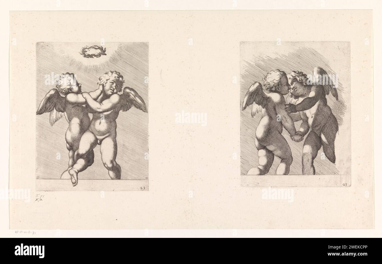 Two putti on the point to embrace each other / two fighting putti, 1656 print Leaf with two performances. Left: two fighting putti under a floating laurel wreath. Right: two putti who are about to unhelillate each other. The print originally belonged to Liber 22 of the Atlas of Rome by Michiel Hinloopen (Schijnvoet Book 10).  paper etching Cupids: 'Amores', 'Amoretti', 'Putti' Stock Photo