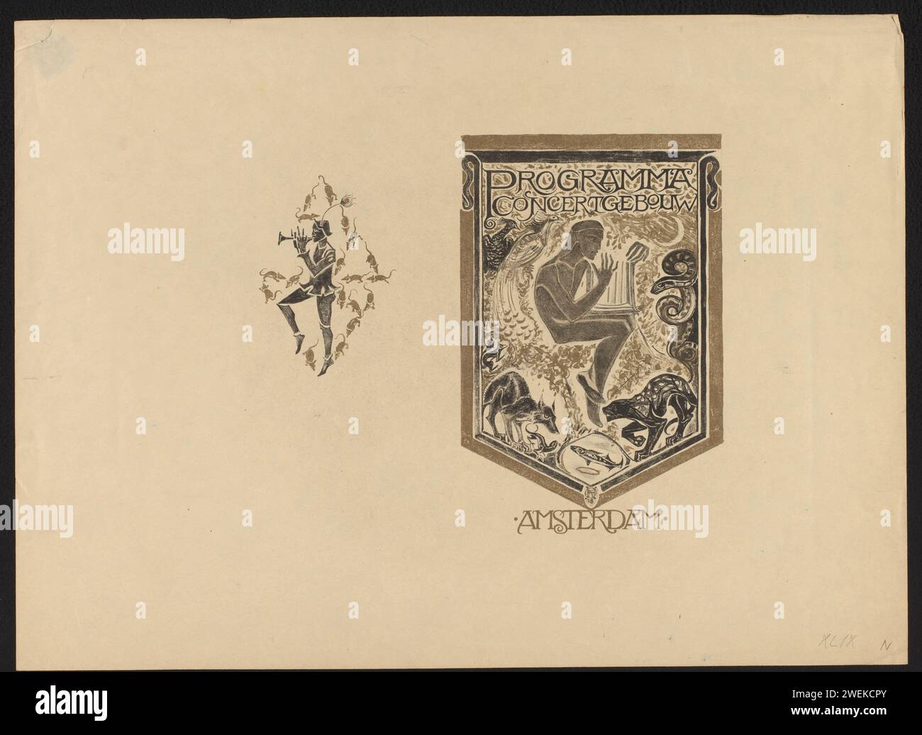 Cover design for: Program Concertgebouw Amsterdam, Richard Nicolaüs Roland Holst, 1918 print On the left the rat catcher of Hamelen who plays his flute. The rats that he thus attracts are placed in a diamond shape around him. On the right Orpheus who plays on his harp in the company of different animals.  paper  rat exterminator. musician. tales and fairy tales. Orpheus playing the lyre: trees and rocks move, beasts and birds are enchanted. animals Stock Photo
