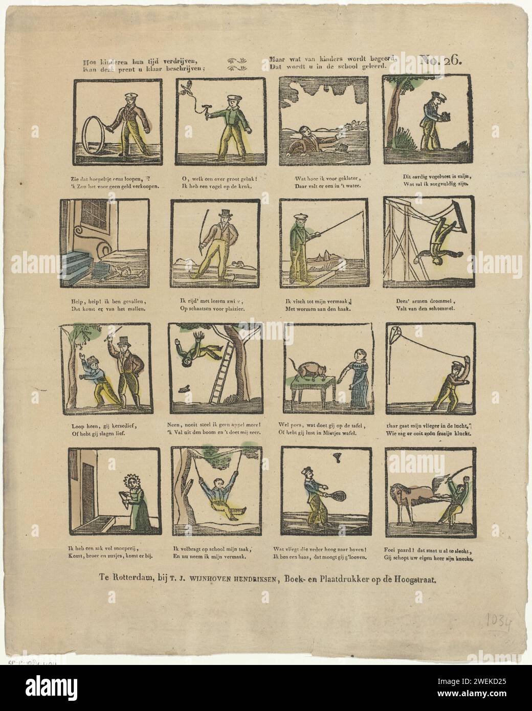 How children expel their time, / can this print describe you ready; / But what is coveted by children, / you will be taught in the school, 1832 - 1850 print Leaf with 16 performances of children's games, including, hoops, skating and kites. Under each image a two -way verse. Numbered at the top right: No. 26.  paper letterpress printing children's games and plays. games using special objects (marbles, top, hoop, etc.). skates (winter sports). child playing with animals Stock Photo