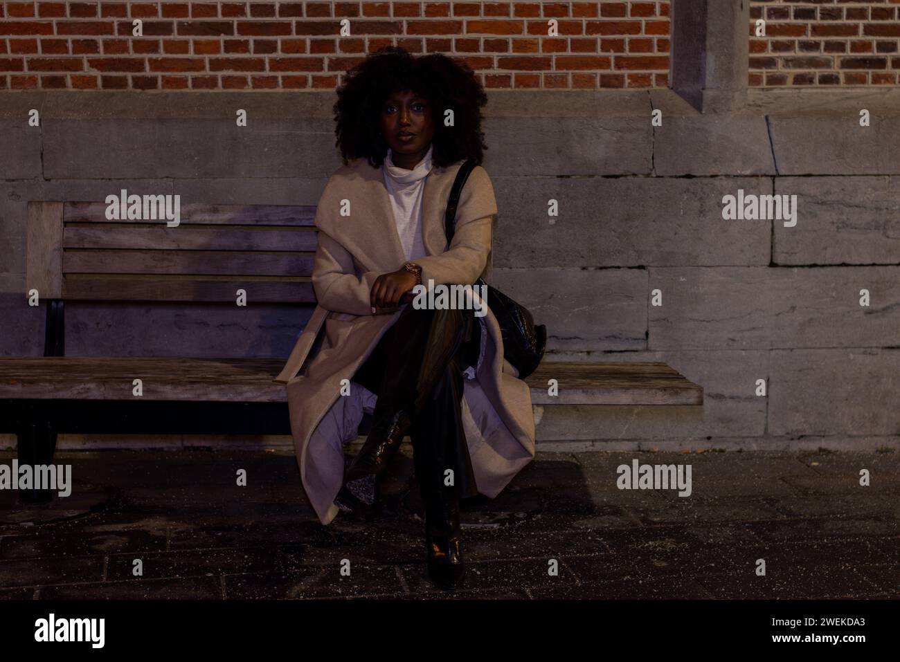 The photograph depicts a woman seated contemplatively on a bench, her presence engaging yet isolated against the urban backdrop of a brick wall. The nighttime setting envelopes her in a cloak of obscurity, with only the dim city lights to outline her silhouette. Her gaze is directed towards something unseen, inviting speculation about her thoughts or the focus of her attention. The subdued colors of her attire, consisting of a turtleneck and a stylish overcoat, blend with the nocturnal hues, reinforcing the introspective quality of the image. Night Watch: Reflective Moments on an Urban Bench.  Stock Photo