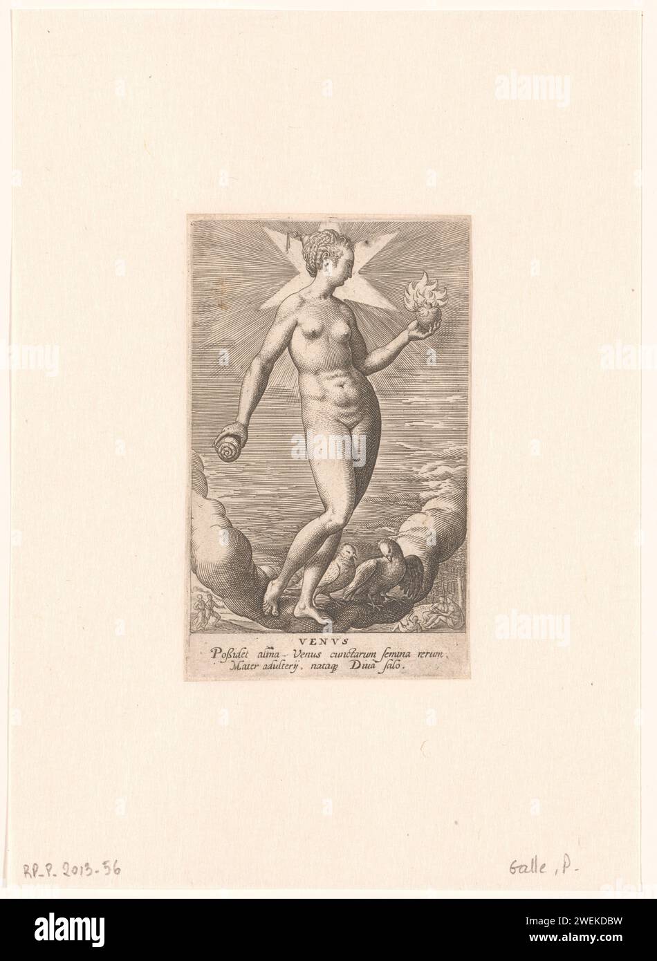 Venus, Philips Galle, 1581 print Venus with a shell and burning heart in her hands. Two pigeons at her feet. In the lower margin a two -line Latin text.  paper engraving (story of) Venus (Aphrodite) Stock Photo
