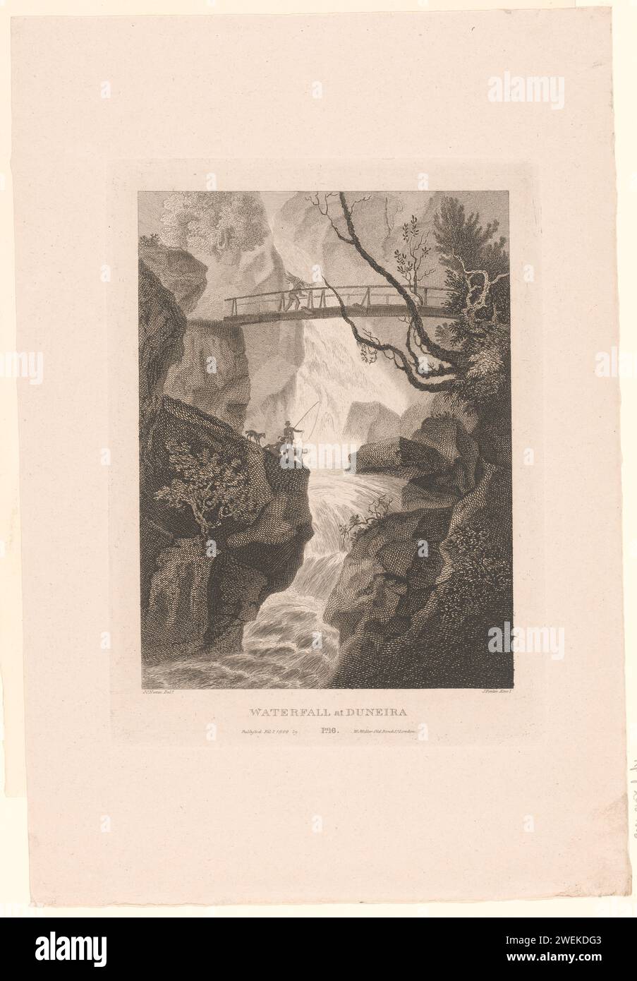 View of a waterfall, at Duneira, James Fittler, After John Claude Natttes, 1801 - 1802 print Noticed: pl. 16.  paper etching / engraving waterfall Scotland Stock Photo