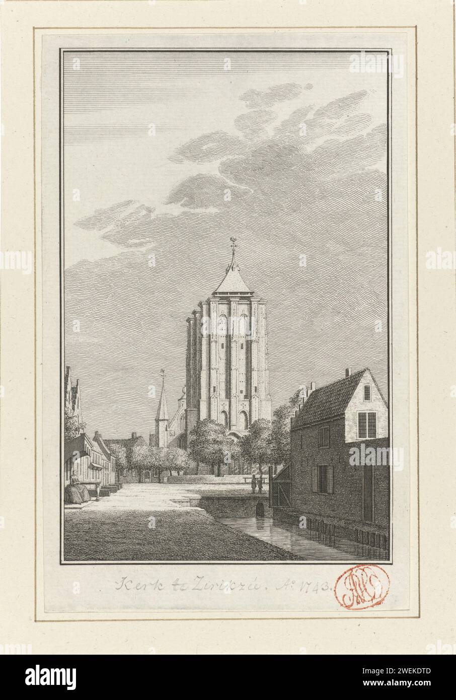 View of the Sint -Liefen Monster Tower in Zierikzee, 1743, Jan Caspar Philips, After Cornelis Pronk, 1743 - 1747 print View of the tower of the Sint-Lievensmonsterkerk in Zierikzee, in the situation around 1743.  paper. pencil etching / engraving parts of church exterior and annexes: tower. church (exterior) Sint-Lievens Monster Tower Stock Photo