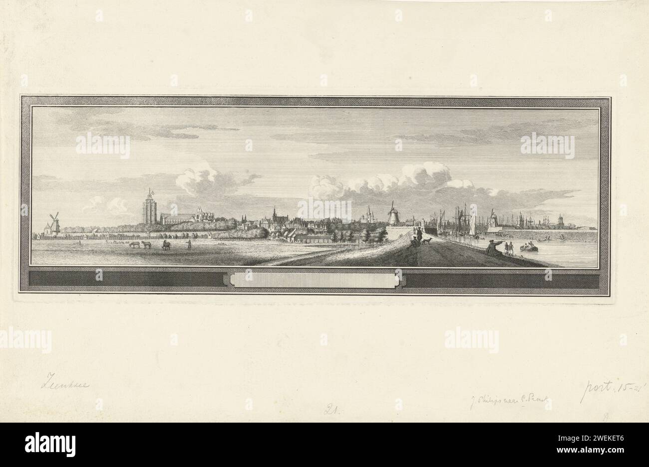 View of Zierikzee, 1743, Jan Caspar Philips, After Cornelis Pronk, 1743 - 1751 print View of Zierikzee, seen from Westhavenendijk, with the Sint Lievensmonsterkerk on the left. In the situation around 1743. With an empty margin.  paper etching / engraving prospect of city, town panorama, silhouette of city. church (exterior) Zierikzee. Sint-Lievensmonsterkerk Stock Photo