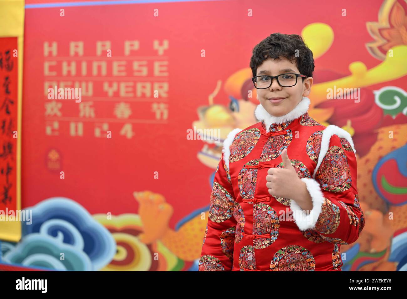Hawalli Governorate, Kuwait. 25th Jan, 2024. A boy gestures as he