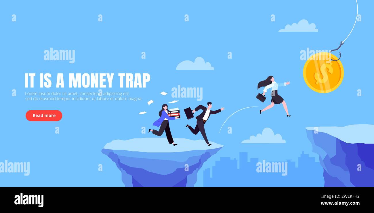 Money trap business concept. Young adult businesswoman running to catch the money flat style design vector illustration. Metaphor of greedy financial Stock Vector