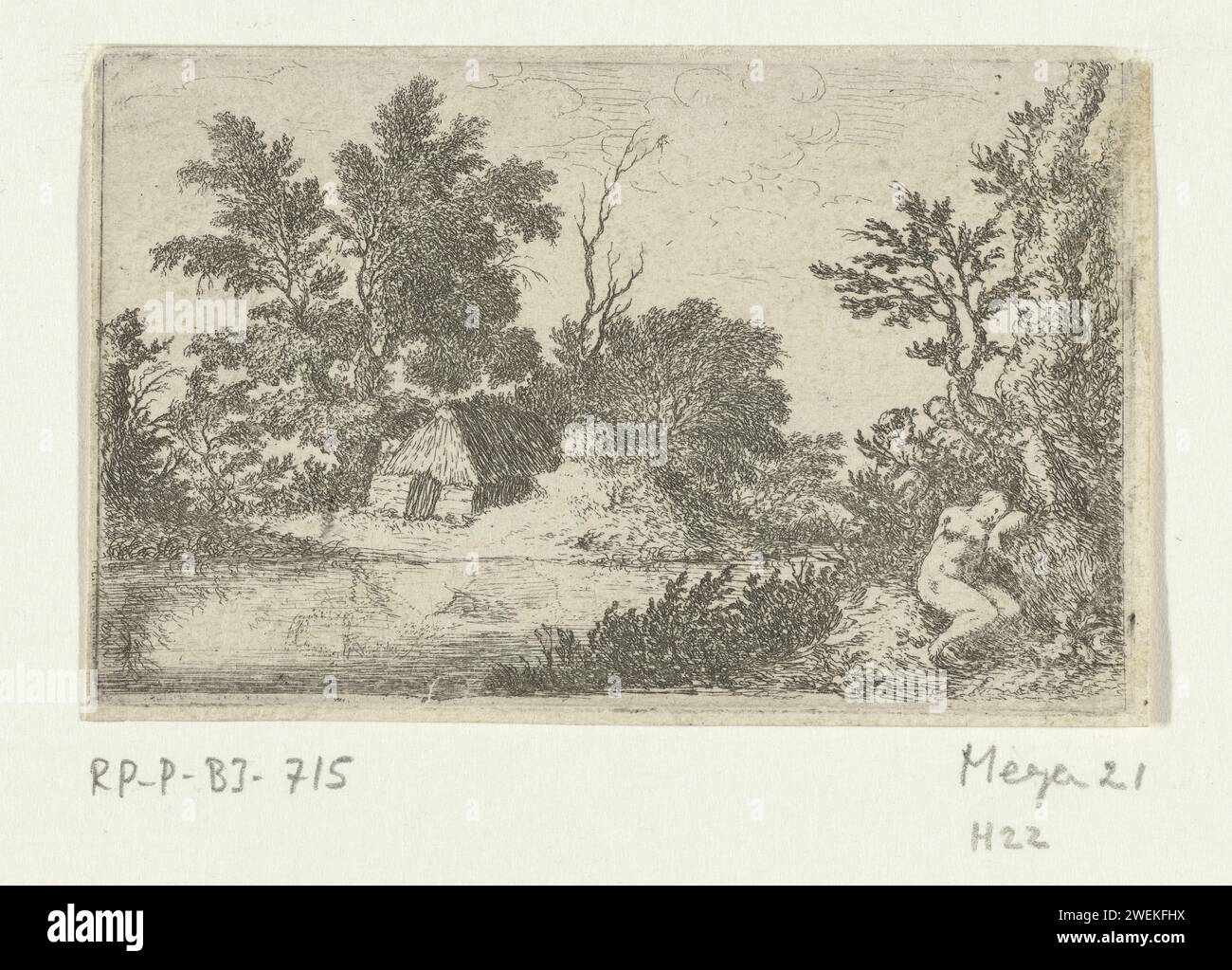 Landscape with Sleeping Nymph, Willem Basse, 1633 - 1672 print Landscape with a sleeping nymph on the right that is spied on by two saters behind her in the bushes.  paper etching sleeping; unconsciousness. satyr(s) pursuing nymph(s) Stock Photo