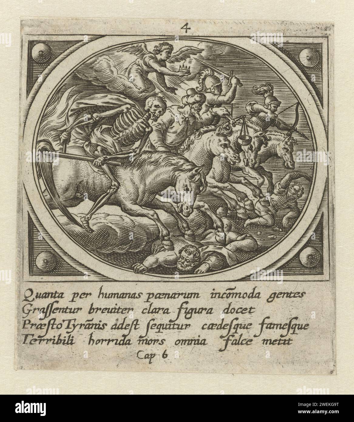 The four Apocalyptic riders, 1585 print Opening the first four stamps: the four Apocalyptic riders, 'Victorie', 'War', 'Hunger' and 'Death' trample humanity. Above them an angel, with a crown. In the margin a four -line caption in Latin. Fourth print from a series of twenty -four with the revelation of Johannes on Patmos.  paper engraving the four horsemen of the Apocalypse Stock Photo
