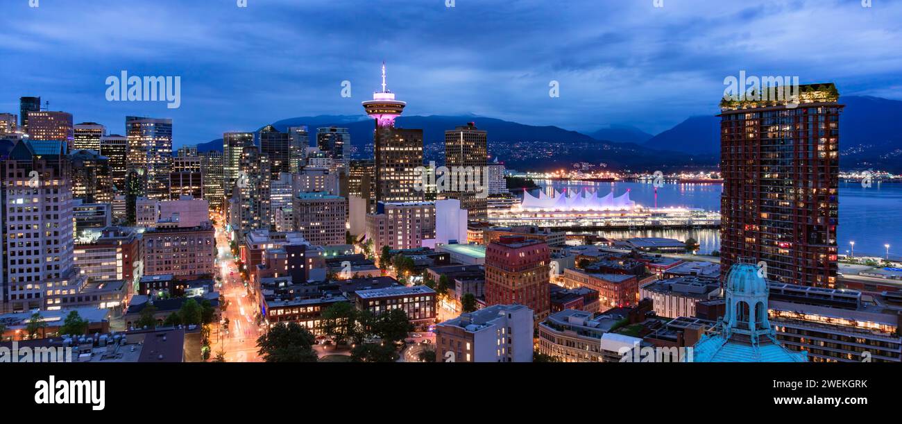Downtown Vancouver City at night after sunset. Aerial Panorama Stock ...