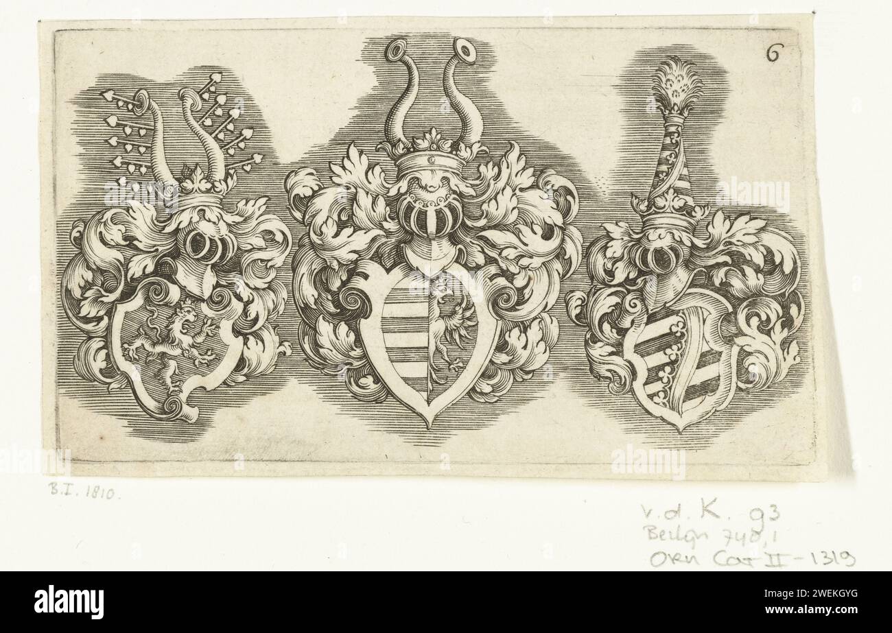 Three coats of arms, c. 1611 - c. 1625 print On the left the 'Landgraviat de Thuringue', in the middle the 'Burgraviat de Thuringue', on the right the 'Duché de Saxe'.  paper engraving Stock Photo