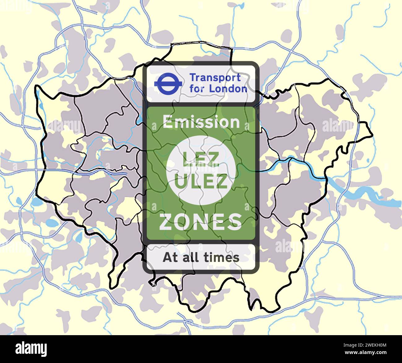 London Low Emission Zone (LEZ) is an area of London in which an emissions standard based charge is applied to non-compliant commercial vehicles Stock Photo