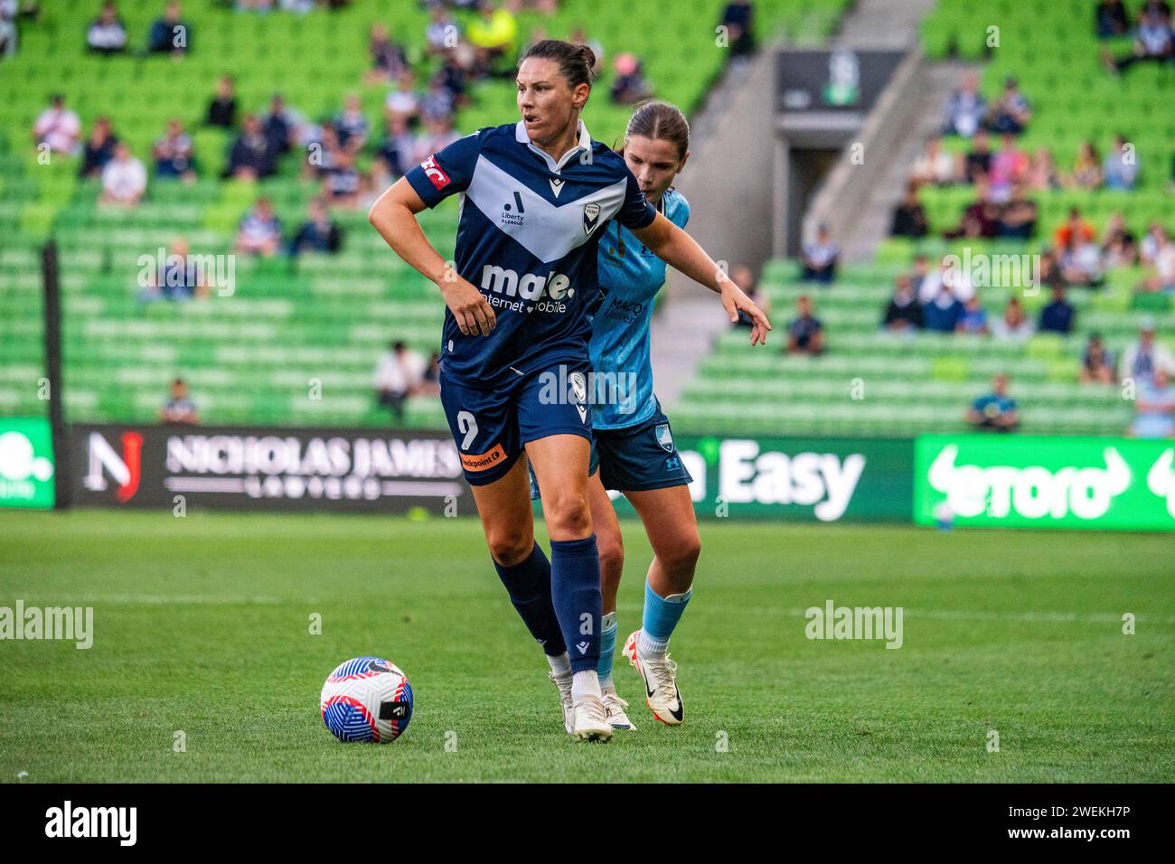 Melbourne, Australia. 26 January, 2024. Melbourne Victory FC Forward Emily Gielnik (#9) looks for a pass during the Liberty A-League Women’s match between Melbourne Victory FC and Sydney FC at AAMI Park in Melbourne, Australia. Credit: James Forrester/Alamy Live News Stock Photo