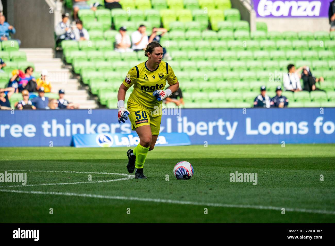 Melbourne, Australia. 26 January, 2024. Melbourne Victory FC Goalkeeper Courtney Newbon (#50) clears the ball out during the Liberty A-League Women’s match between Melbourne Victory FC and Sydney FC at AAMI Park in Melbourne, Australia. Credit: James Forrester/Alamy Live News Stock Photo