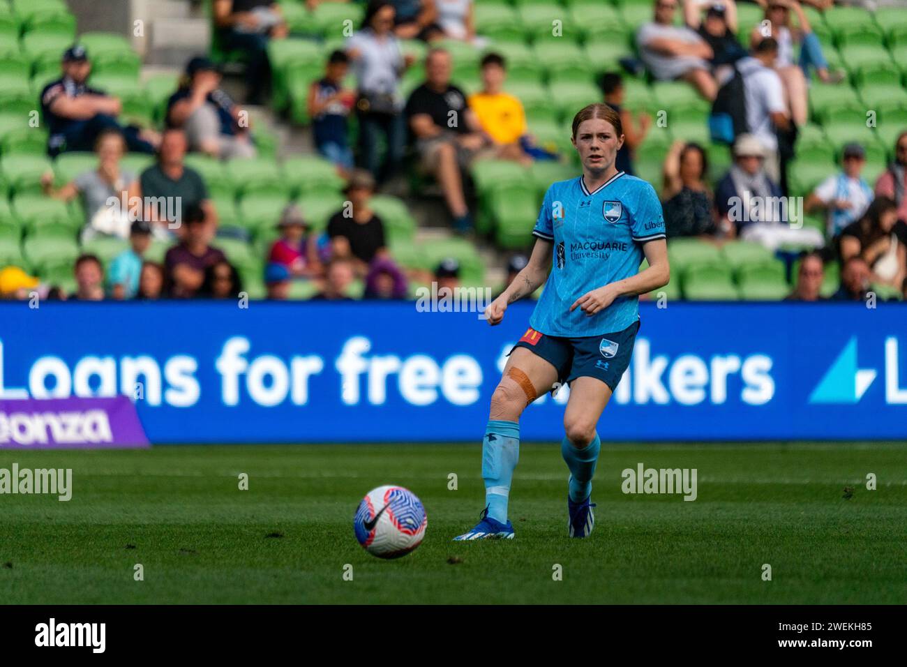 Melbourne, Australia. 26 January, 2024. Melbourne Victory FC Forward McKenzie Weinert (#11) plays the ball forward during the Liberty A-League Women’s match between Melbourne Victory FC and Sydney FC at AAMI Park in Melbourne, Australia. Credit: James Forrester/Alamy Live News Stock Photo