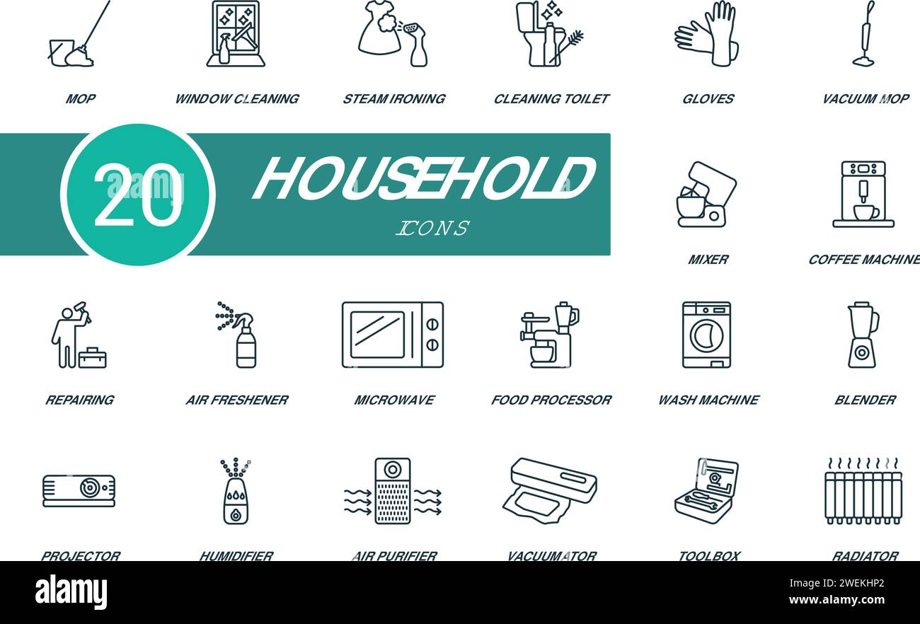 Household outline icons set. Creative icons: mop, window cleaning, steam ironing, cleaning toilet, gloves, vacuum mop, mixer and more Stock Vector