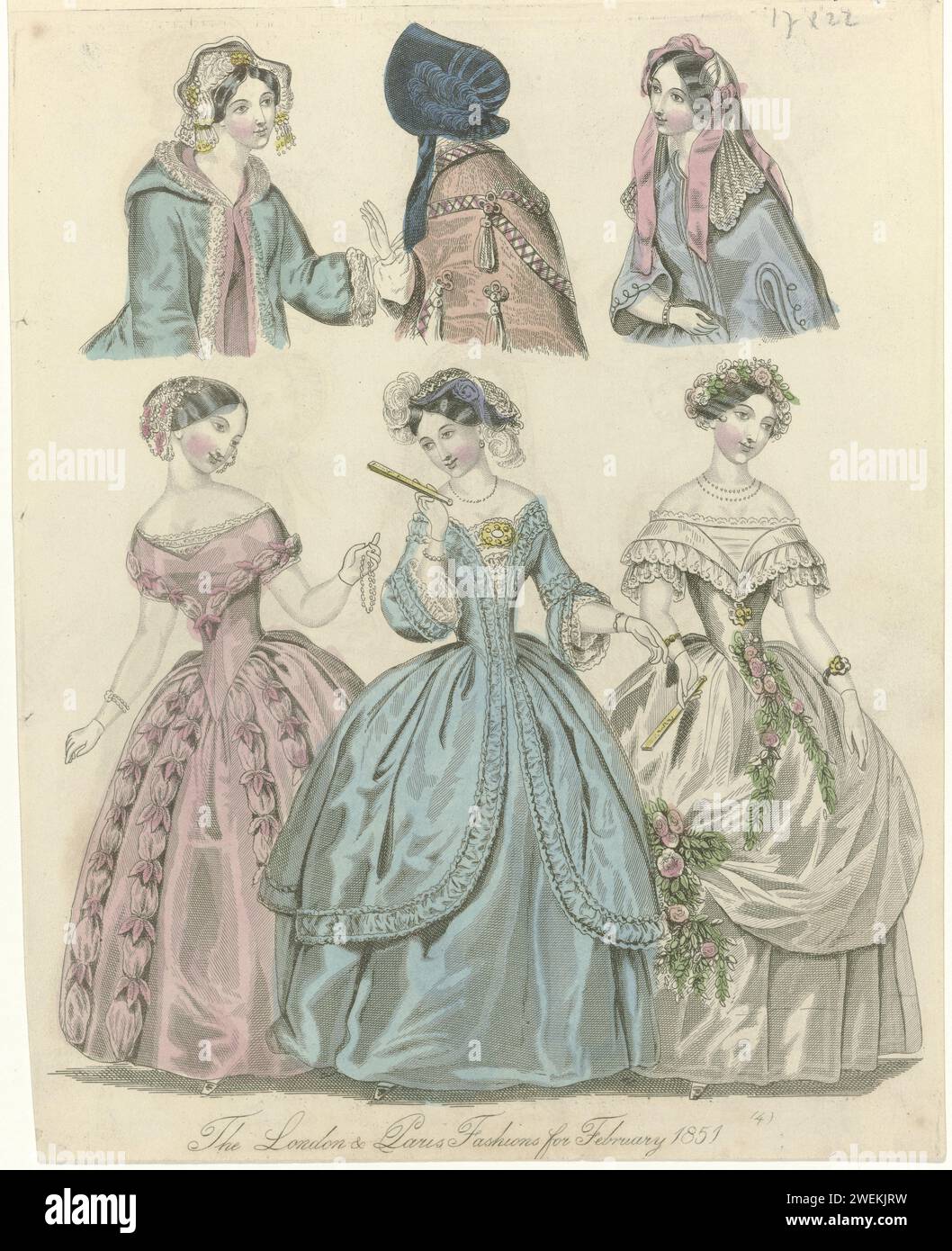 The World of Fashion, february 1851 : The London & Paris Fashions (...),  1851 Modes for February 1851 from London and Paris. Three women, standing,  in evening gowns with boat neck and